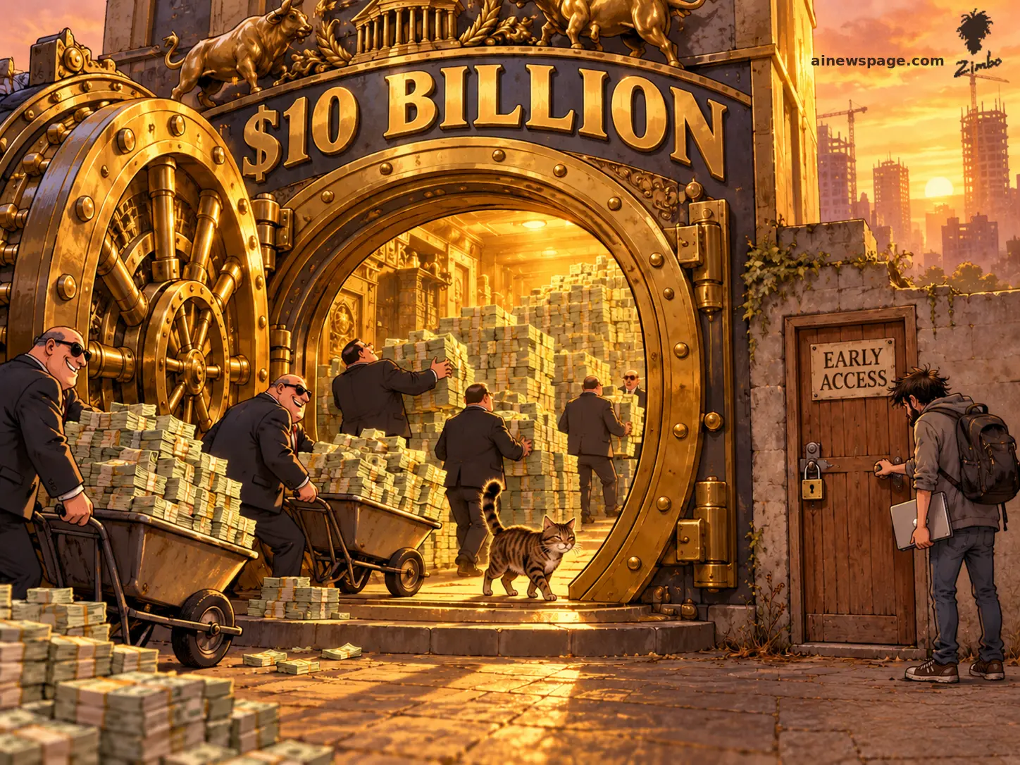 AI cartoon by Zimbo: Satirical cartoon: financiers wheelbarrow cash into a giant open vault marked $10 BILLION while a developer with a laptop waits at a tiny locked EARLY ACCESS door; Issue the tabby strolls through.