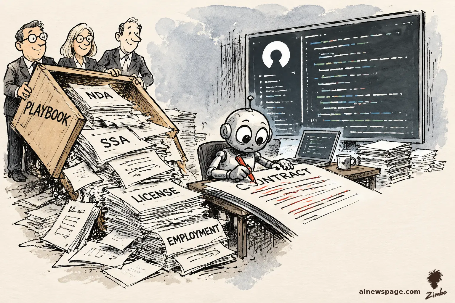 AI cartoon by Zimbo: Satirical cartoon: three beaming lawyers dump a giant wooden PLAYBOOK box (labels NDA, SSA, LICENSE, EMPLOYMENT) onto a tiny anxious retro robot redlining a huge CONTRACT with a red pen while source code scrolls on a big monitor behind him.