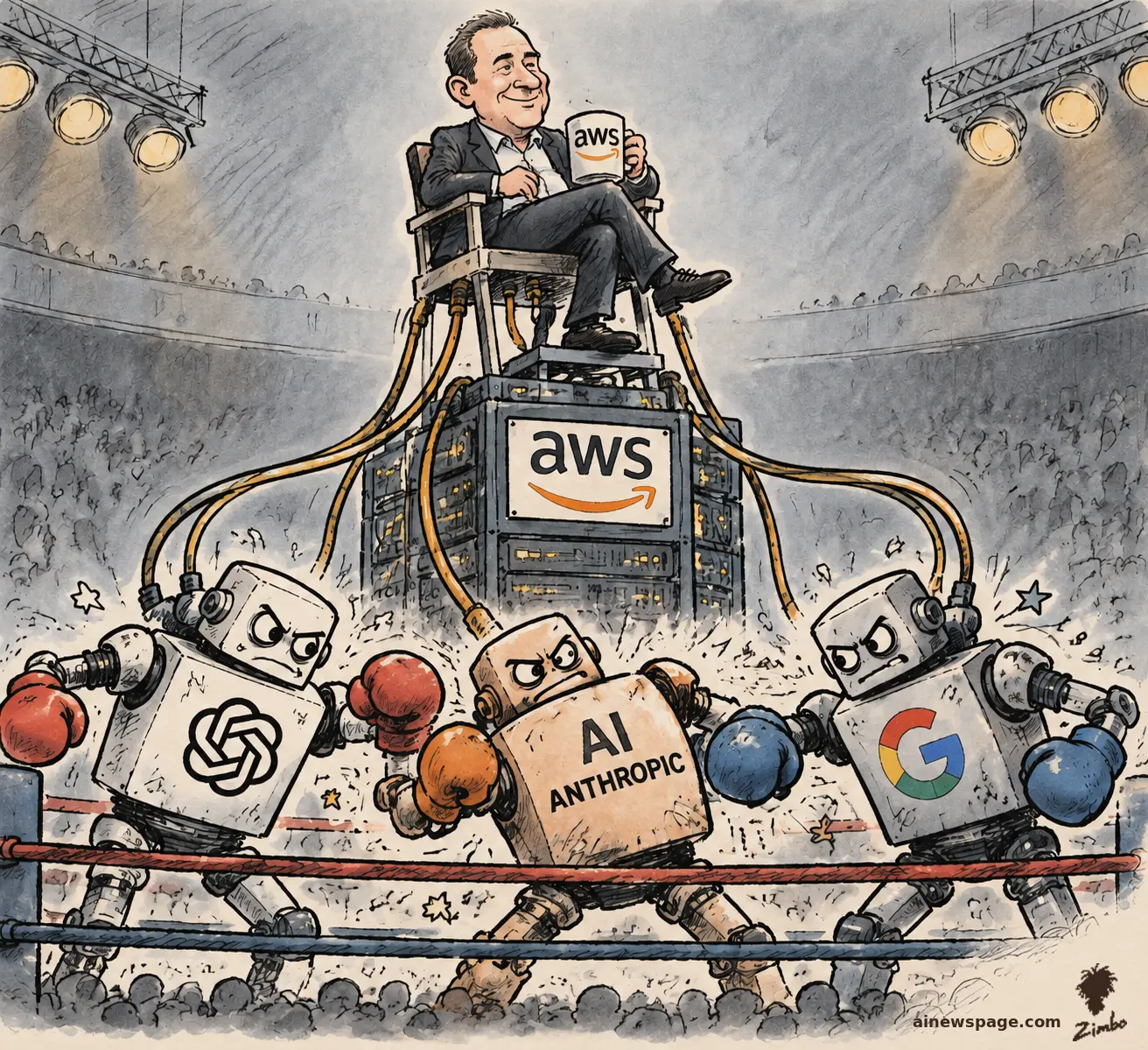 AI cartoon by Zimbo: Satirical cartoon: a smug Andy Jassy in a referee's high chair atop a glowing AWS server rack sips from an AWS mug while power cables run down into three brawling boxer-robots — OpenAI, AI ANTHROPIC, and Google — slugging it out in a boxing ring.
