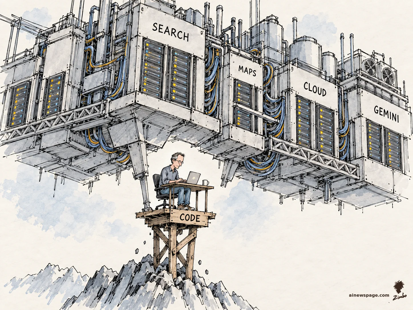 AI cartoon by Zimbo: Satirical cartoon: a calm bespectacled engineer types at a tiny desk on a rickety wooden platform labeled CODE atop a rocky peak, while a vast floating machine-age infrastructure labeled SEARCH, MAPS, CLOUD, and GEMINI rests on his platform.