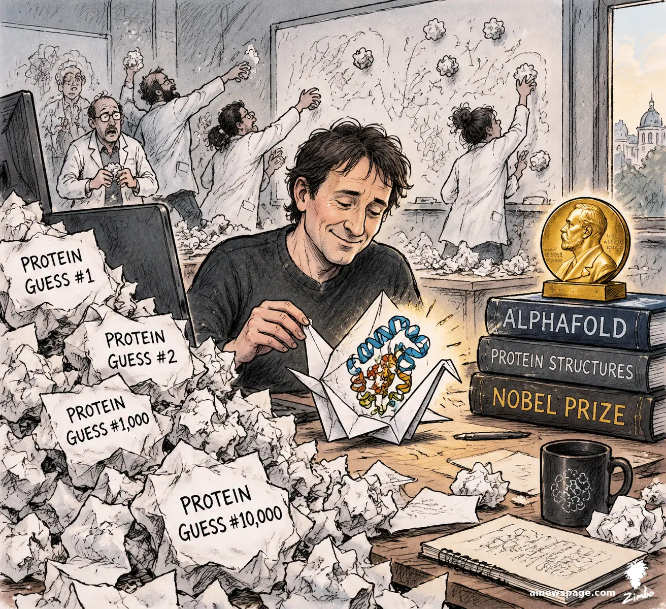 AI cartoon by Zimbo: Satirical cartoon: John Jumper calmly folds a glowing paper crane holding a protein structure at a desk buried in crumpled papers labeled PROTEIN GUESS #1, #2, #1,000, #10,000, while scientists flail behind him; a Nobel medal rests on books labeled ALPHAFOLD, PROTEIN STRUCTURES, NOBEL PRIZE.