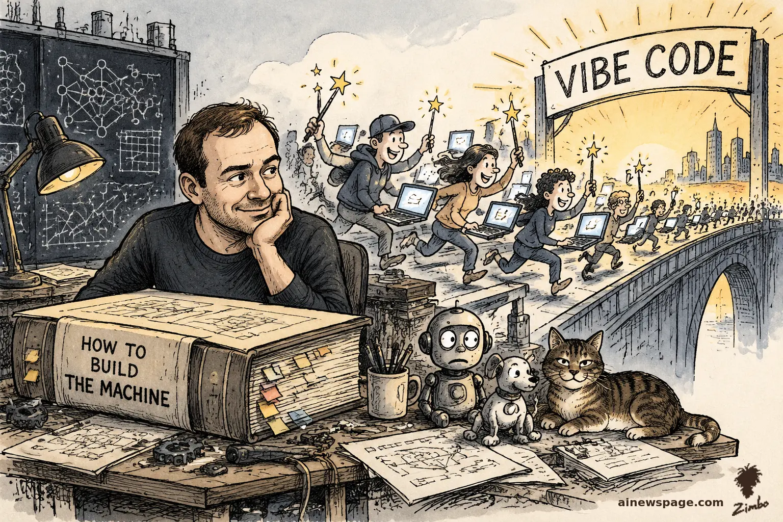 AI cartoon by Zimbo: Satirical cartoon: Andrej Karpathy sits chin-in-hand beside a giant doorstop tome labeled HOW TO BUILD THE MACHINE while a cheering crowd with laptops stampedes through a golden VIBE CODE arch; Merv, Buddy, and Issue the cat watch from the desk.