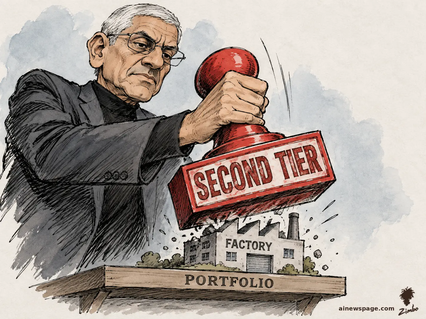 AI cartoon by Zimbo: Satirical cartoon: a stern Vinod Khosla brings a giant red rubber stamp labeled SECOND TIER down onto his own tiny FACTORY building sitting on a shelf labeled PORTFOLIO.