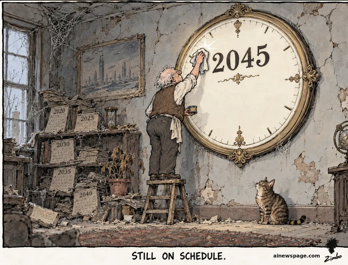 AI cartoon by Zimbo: An aging prophet on a stepladder polishes a giant wall clock frozen at 2045 while cobwebbed calendars from 2020 to 2040, a dead plant, and peeling walls decay around him; a tabby cat watches. Caption: STILL ON SCHEDULE.