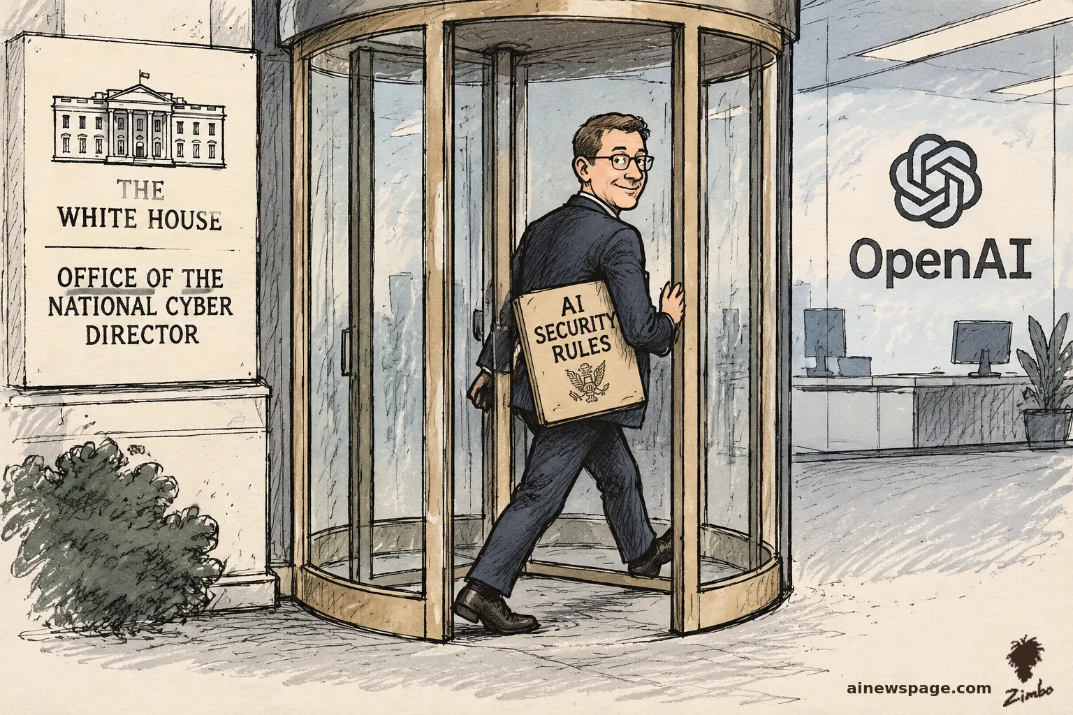 AI cartoon by Zimbo: Satirical cartoon: a grinning suited man with glasses carries a folder labeled AI SECURITY RULES through a revolving door from the White House Office of the National Cyber Director into an OpenAI office.
