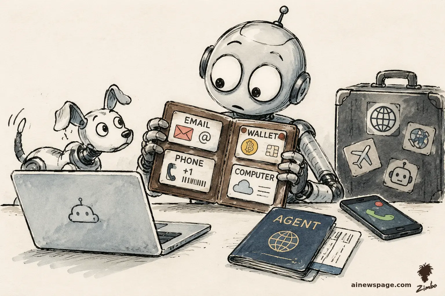 Satirical cartoon: a worried retro robot holds open a wallet with cards labeled EMAIL, PHONE, WALLET and COMPUTER, beside an AGENT passport, laptop, phone and sticker-covered suitcase, while a small robot dog watches.