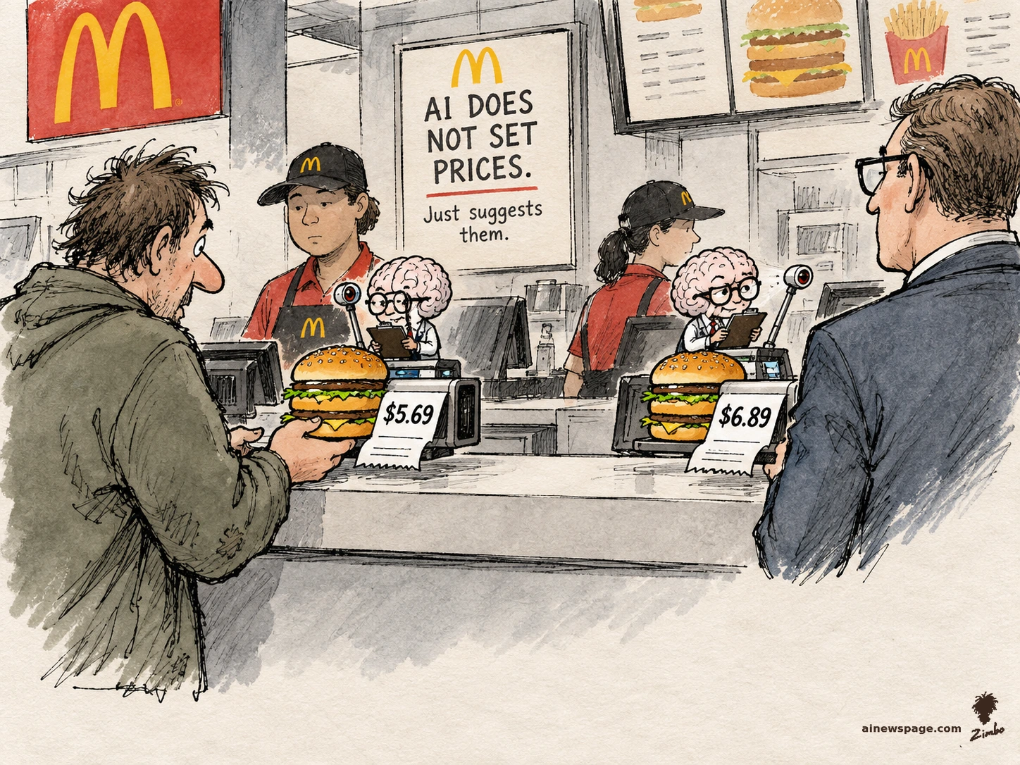 AI cartoon by Zimbo: Satirical cartoon: at a McDonald's counter, tiny bespectacled AI brains with clipboards study each customer while a price machine prints $5.69 for a scruffy customer and $6.89 for a suited businessman; a framed poster reads 'AI DOES NOT SET PRICES. Just suggests them.'