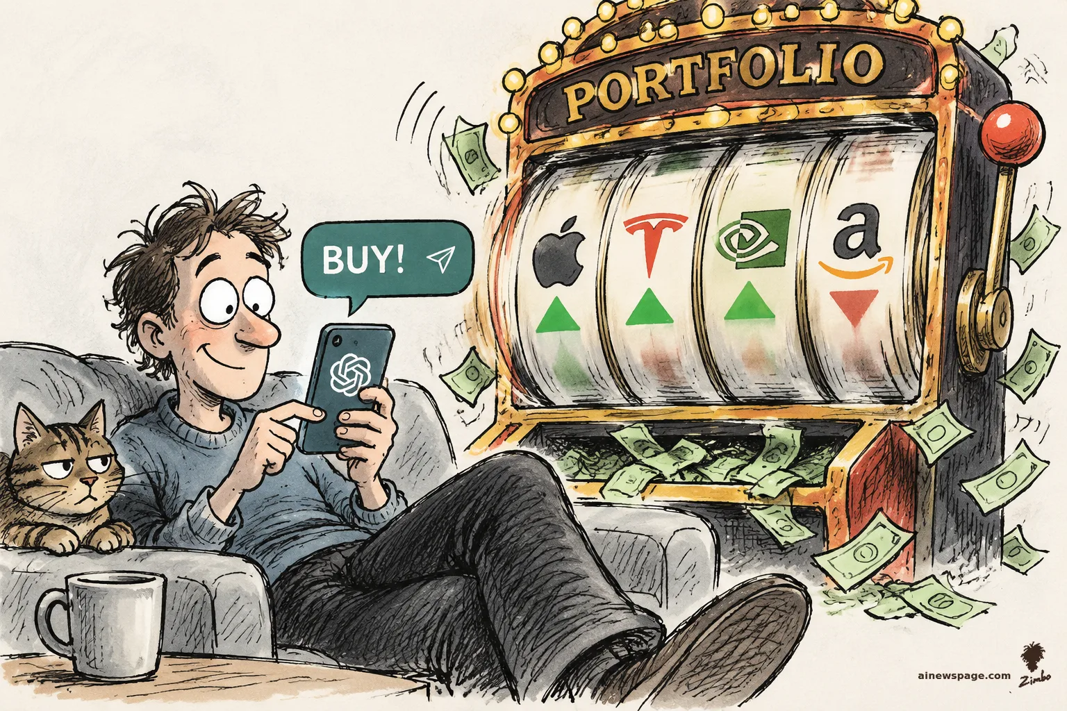 AI cartoon by Zimbo: Satirical cartoon: a man lounges on a couch tapping BUY! into a ChatGPT chat on his phone while a giant slot machine labeled PORTFOLIO spins stock-logo reels and spews cash; Issue the tabby cat watches, unimpressed.