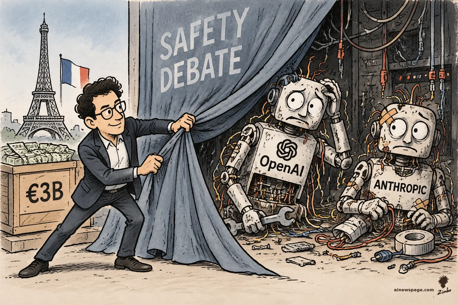 AI cartoon by Zimbo: Satirical cartoon: a generic-archetype French founder (dark curly hair, glasses, blazer) yanks a SAFETY DEBATE curtain aside, revealing two tangled-wire robots labeled OpenAI and ANTHROPIC amid duct tape and sparking cables; Eiffel Tower and a €3B crate on the Paris side.