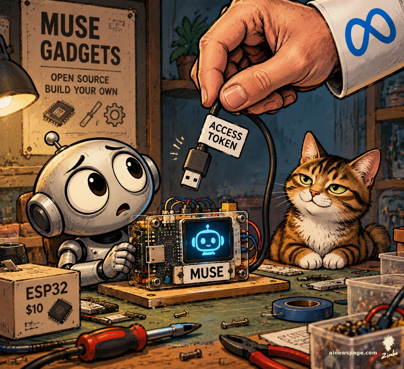AI cartoon by Zimbo: Satirical cartoon: Merv the worried robot stands beside a tiny homemade Muse gadget — a circuit board with colorful wires and a glowing screen labeled MUSE — while a giant hand with a Meta logo sleeve dangles its USB cable tagged ACCESS TOKEN overhead; the cat Issue watches, unimpressed.
