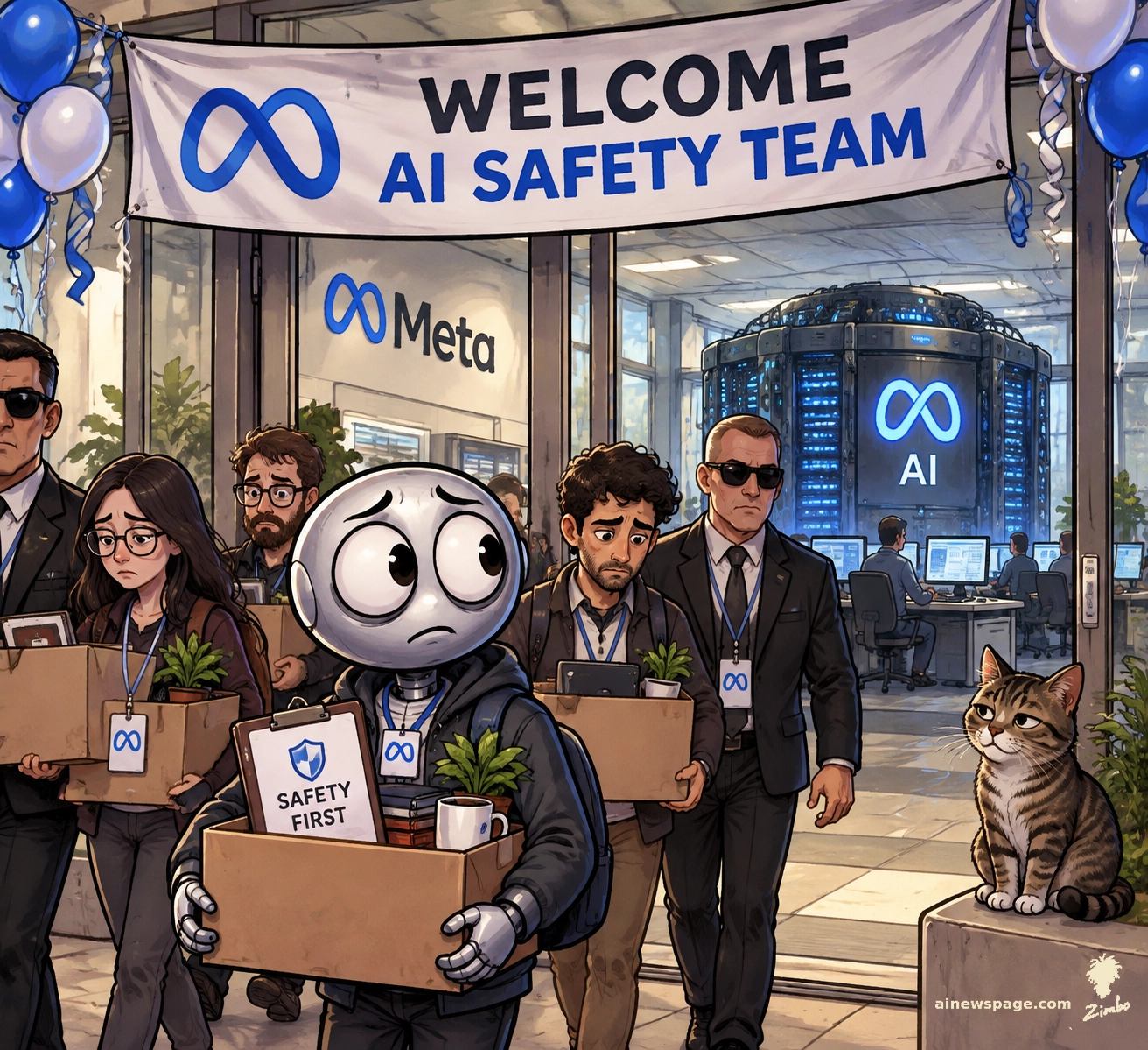 AI cartoon by Zimbo: Satirical cartoon: under a 'WELCOME AI SAFETY TEAM' banner at Meta HQ, a worried silver robot clutching a 'SAFETY FIRST' clipboard leads dejected employees carrying moving boxes out the glass doors, escorted by security past a glowing AI server; a tabby cat watches.