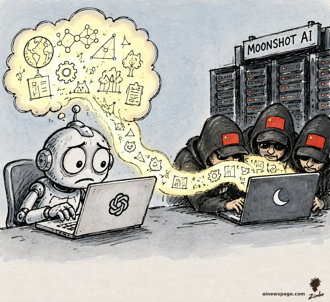 Satirical cartoon: a worried retro robot types at a laptop while a glowing thought-cloud of secret doodles streams out of its head and is siphoned across the desk into masked thieves' laptop with a crescent-moon logo; hooded figures with red-star patches lurk by server racks labeled MOONSHOT AI.