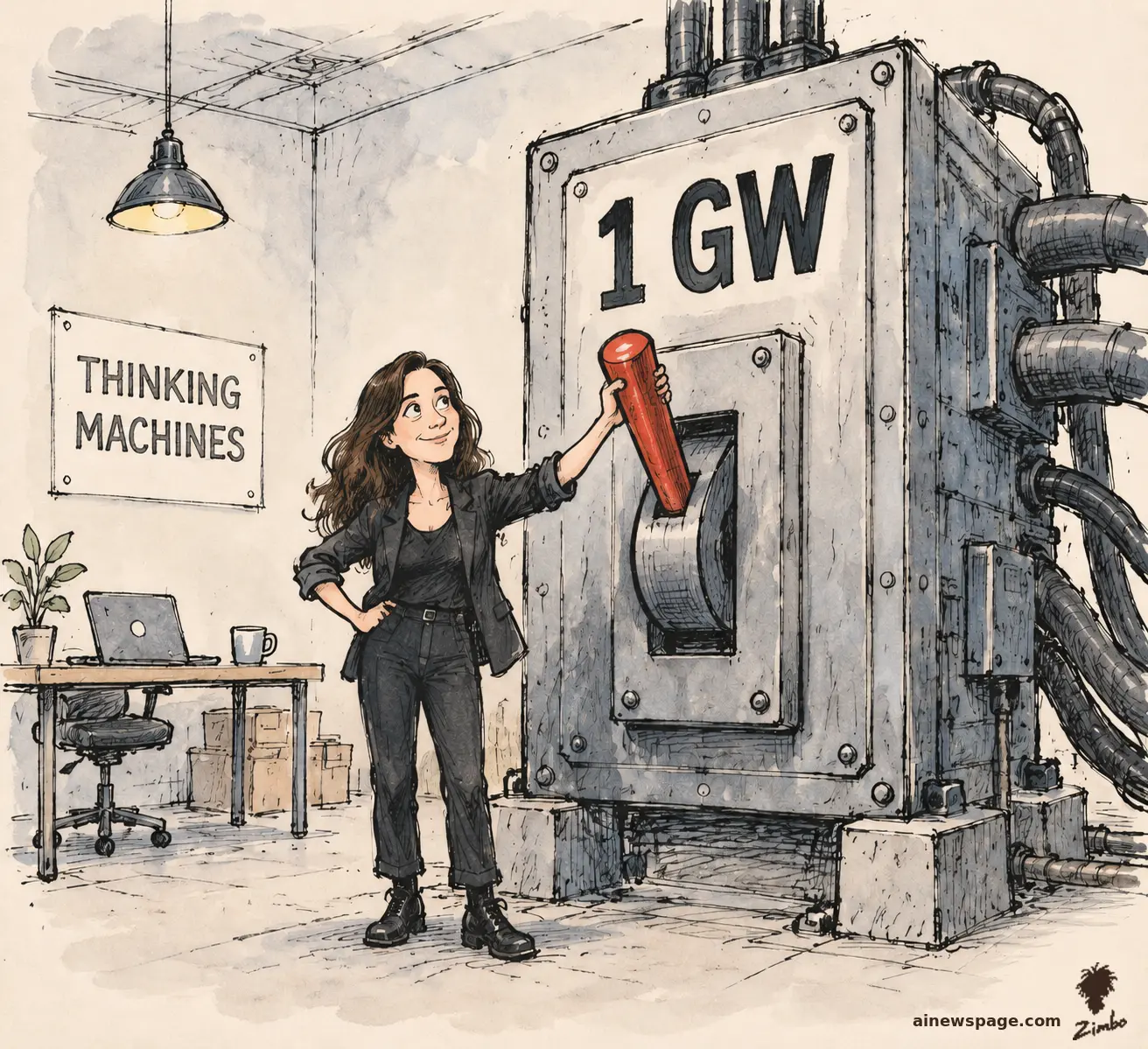 AI cartoon by Zimbo: Satirical cartoon: Mira Murati reaching for a comically oversized red lever on a building-sized industrial power switch labeled 1 GW; a THINKING MACHINES sign hangs on the wall beside a tiny desk with a laptop and coffee cup.