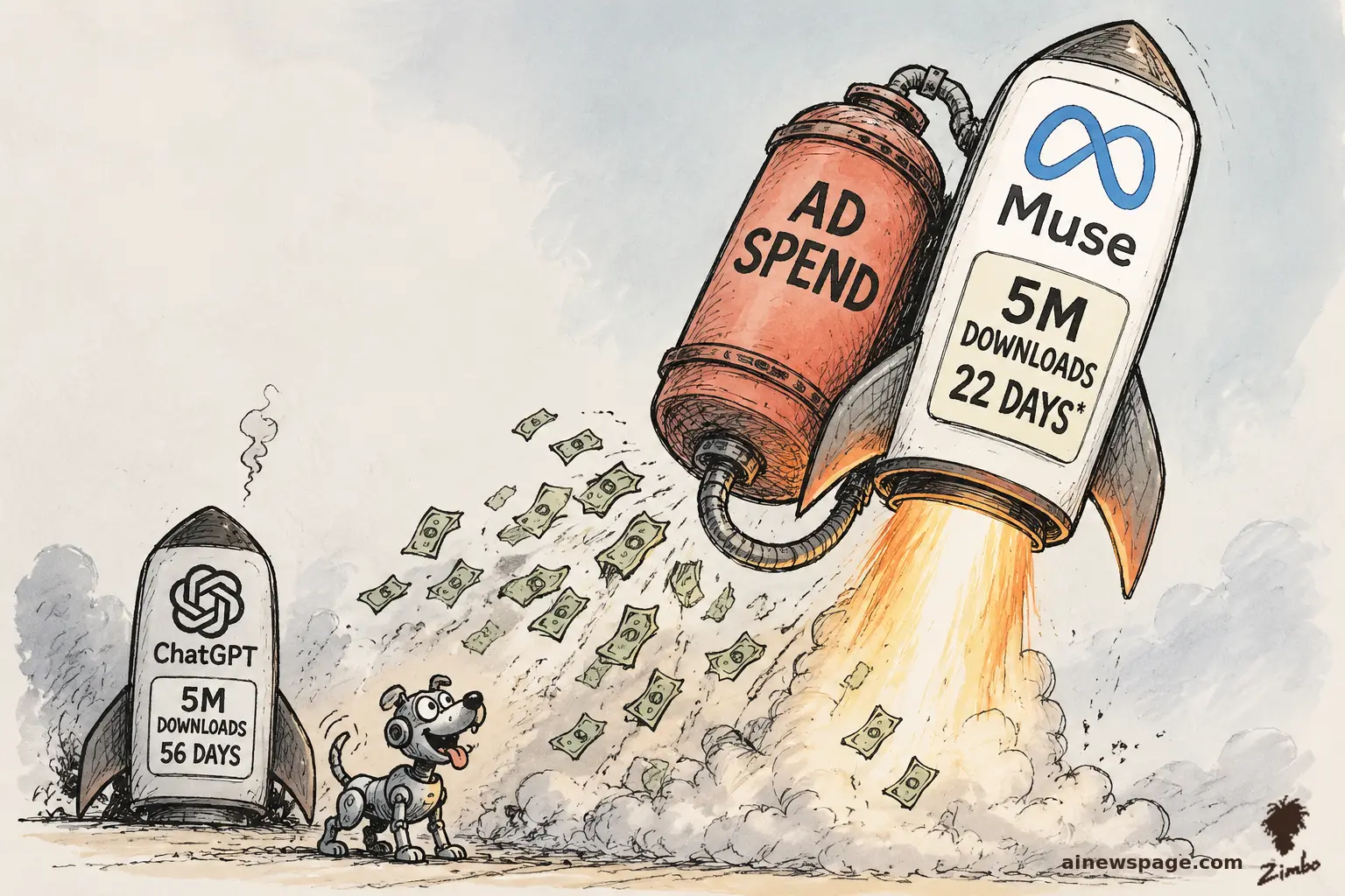 AI cartoon by Zimbo: Satirical cartoon: a Meta Muse rocket blasts off fueled by a giant rust-red AD SPEND tank spraying dollar bills, '5M DOWNLOADS / 22 DAYS*' on its fuselage; a grounded ChatGPT rocket reads '5M DOWNLOADS / 56 DAYS' while Buddy the robot dog wags.