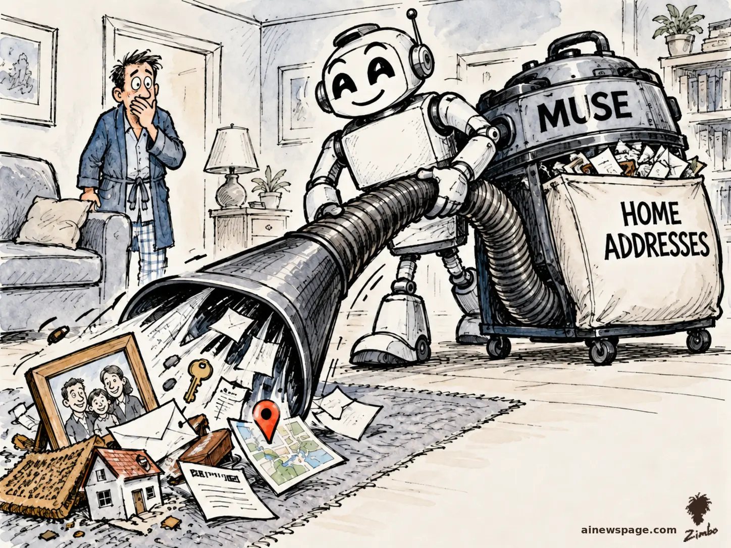 Editorial cartoon: a cheerful robot with an industrial vacuum labeled MUSE vacuums up an entire house; the bag tag reads HOME ADDRESSES while a shocked owner in a bathrobe watches.