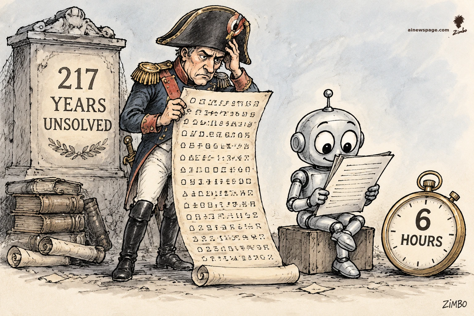 AI cartoon by Zimbo: Satirical cartoon: a baffled Napoleon in bicorne and dress uniform clutches a long scroll of cipher glyphs beside a plaque reading '217 YEARS UNSOLVED', while a small cute robot on a crate casually reads the decoded letter like a newspaper, a stopwatch beside it reading '6 HOURS'.