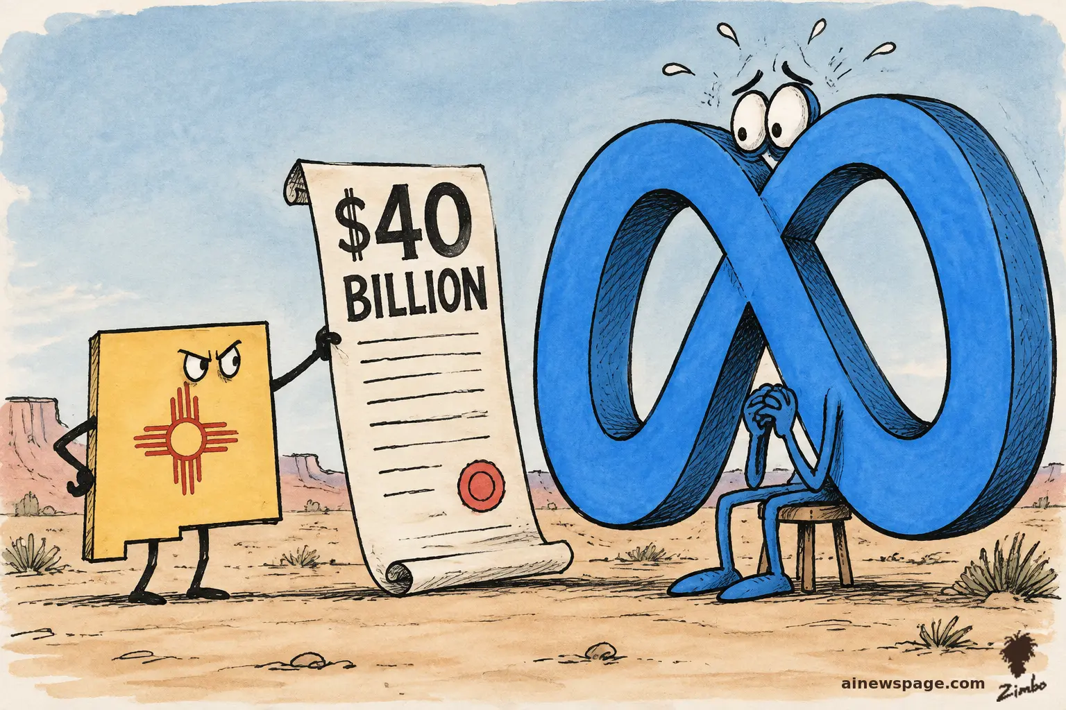AI cartoon by Zimbo: Editorial cartoon: a grumpy New Mexico state-shaped figure with the Zia sun symbol presents a giant scroll labeled $40 BILLION to a giant sweating blue Meta infinity-loop character trembling on a tiny stool in the desert.