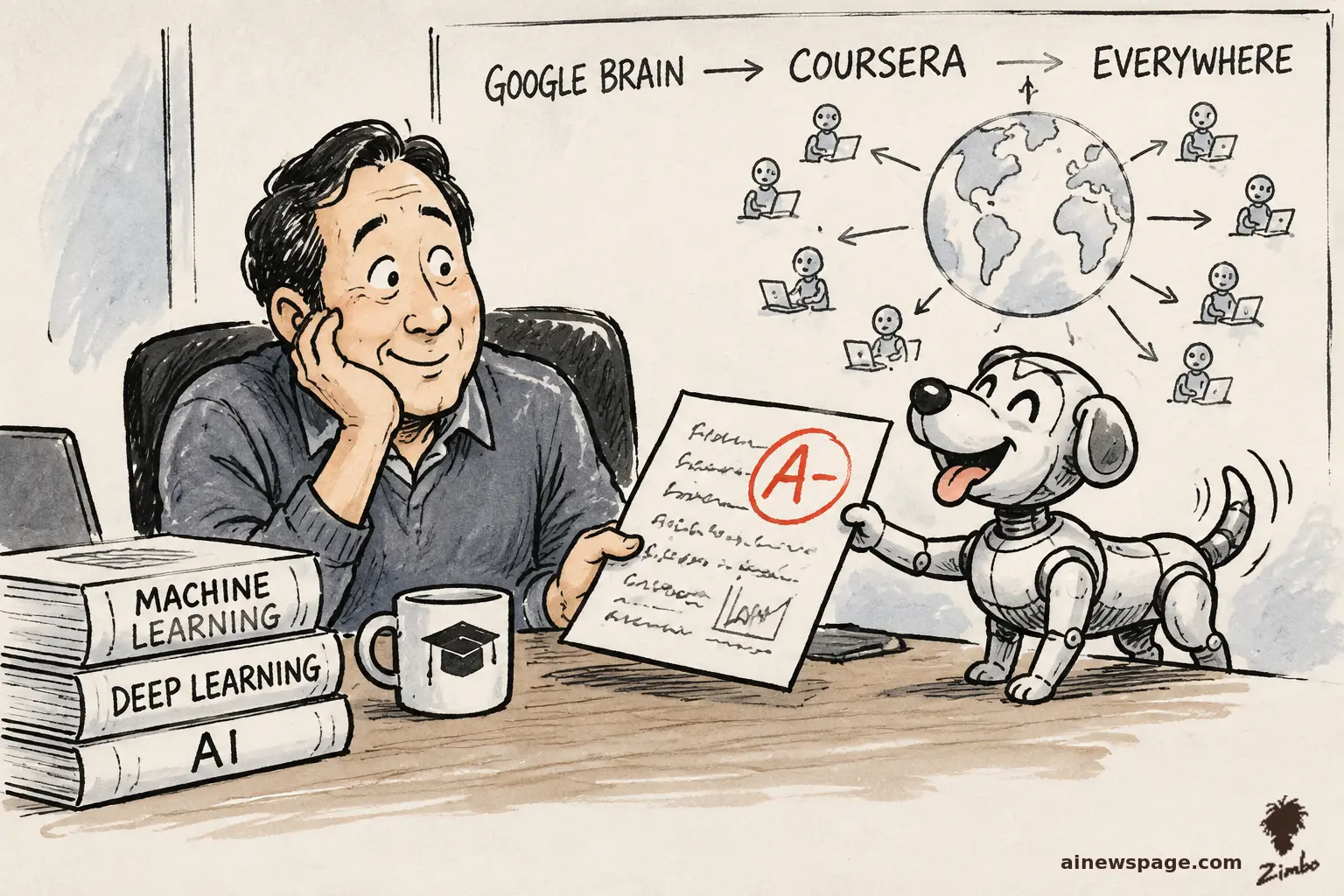 AI cartoon by Zimbo: A cheerful robot-dog student slides a paper with a big red A- across the desk to a professor, under a whiteboard tracing GOOGLE BRAIN to COURSERA to EVERYWHERE.