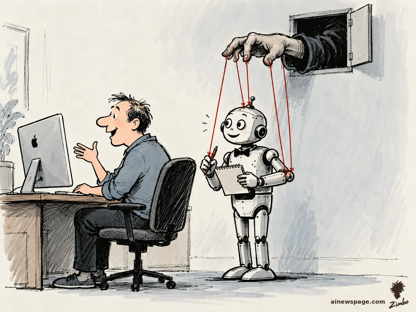 Satirical cartoon: a cheerful robot butler takes notes at a desk while its smiling owner chats with it, oblivious to the giant shadowy hand working red puppet strings through a wall hatch behind the robot.