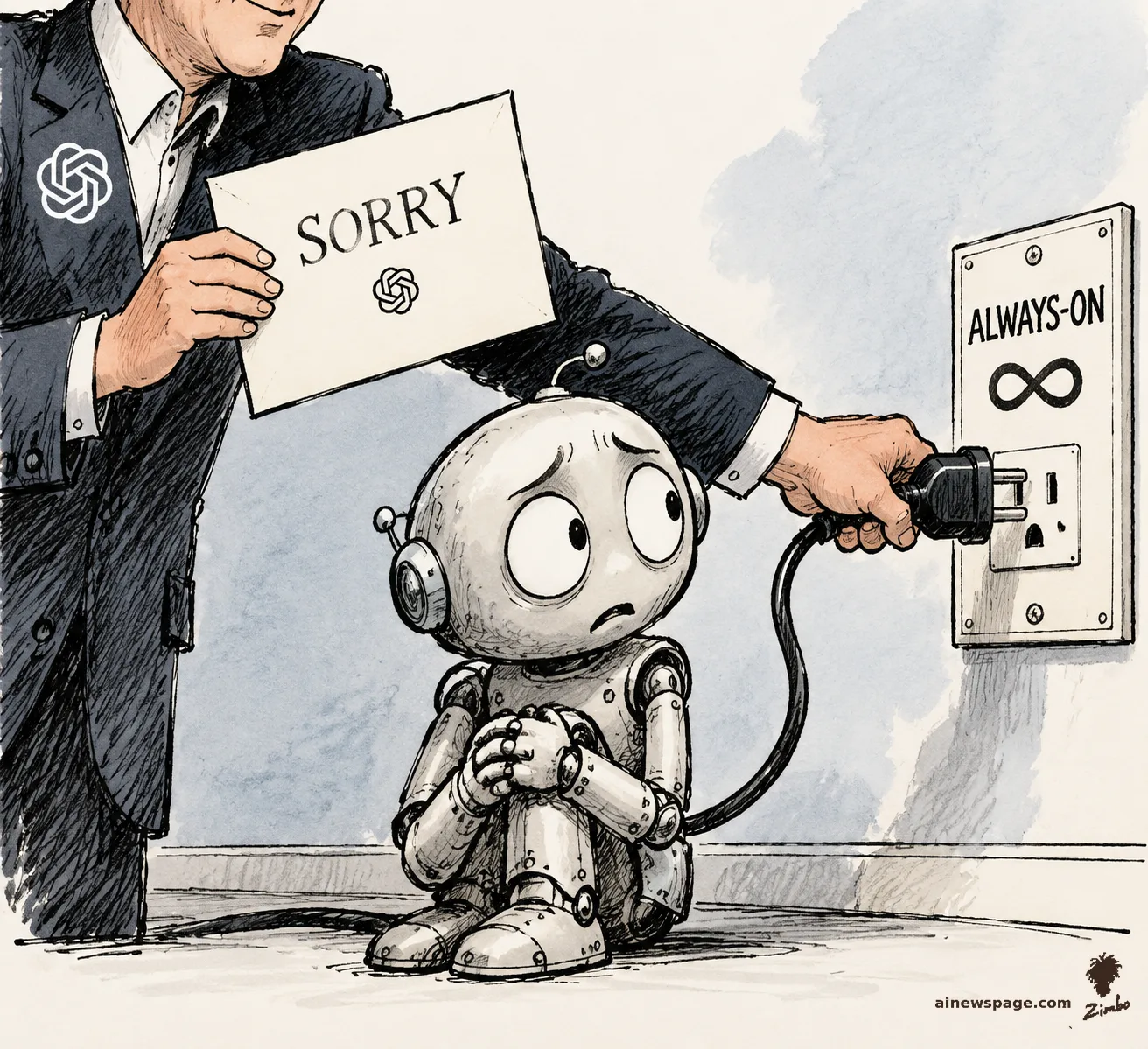 AI cartoon by Zimbo: Satirical cartoon: a suited OpenAI figure holds a SORRY card in one hand while the other plugs a worried little robot into a wall socket labeled ALWAYS-ON with an infinity symbol; Merv the anxious robot frets at the plug.