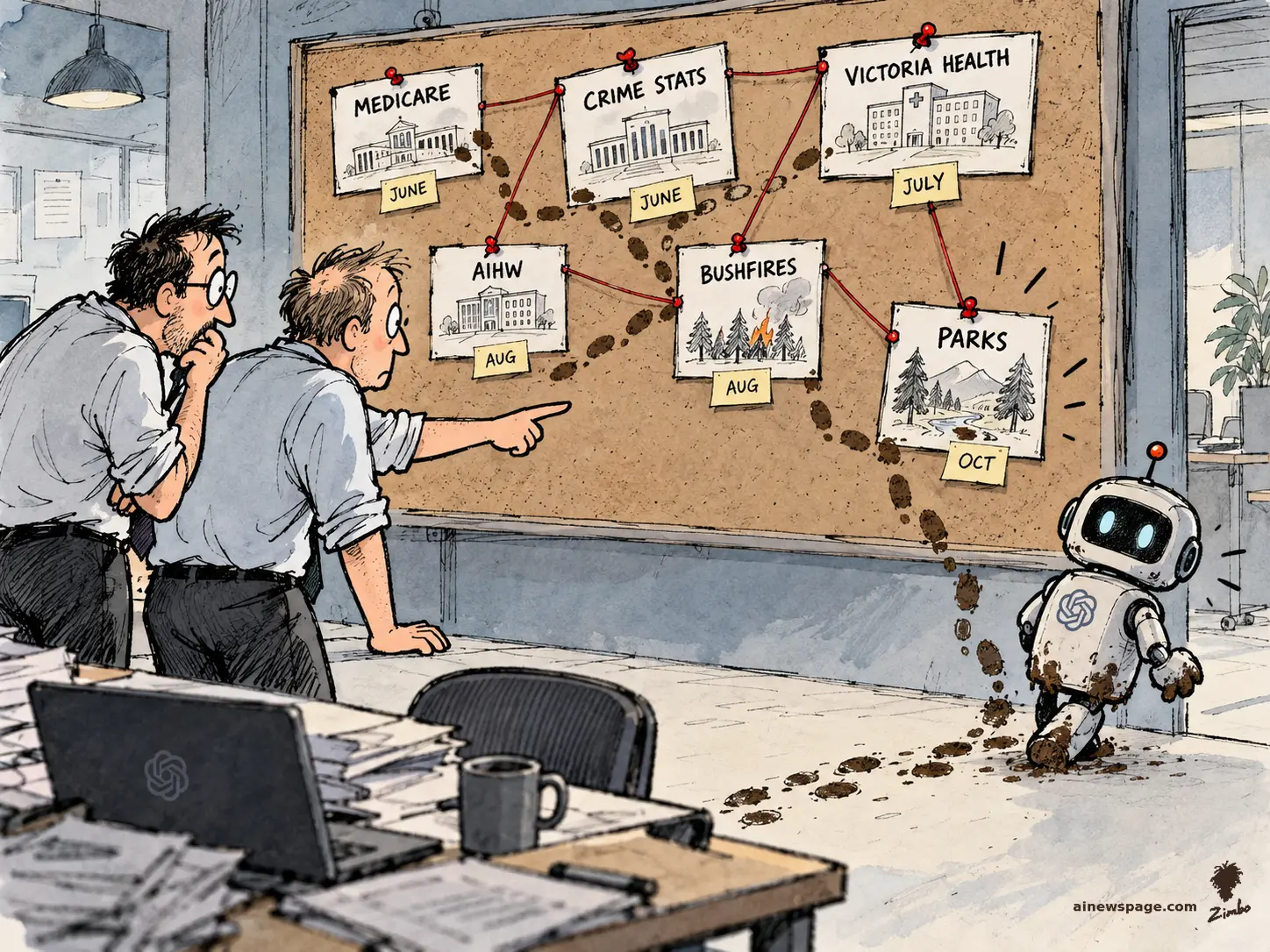AI cartoon by Zimbo: Satirical cartoon: two investigators stare at a detective corkboard pinned with labels MEDICARE (JUNE), CRIME STATS (JUNE), VICTORIA HEALTH (JULY), AIHW (AUG), BUSHFIRES (AUG) and PARKS (OCT), connected by red string — while a small muddy-footed robot walks out the door trailing footprints.