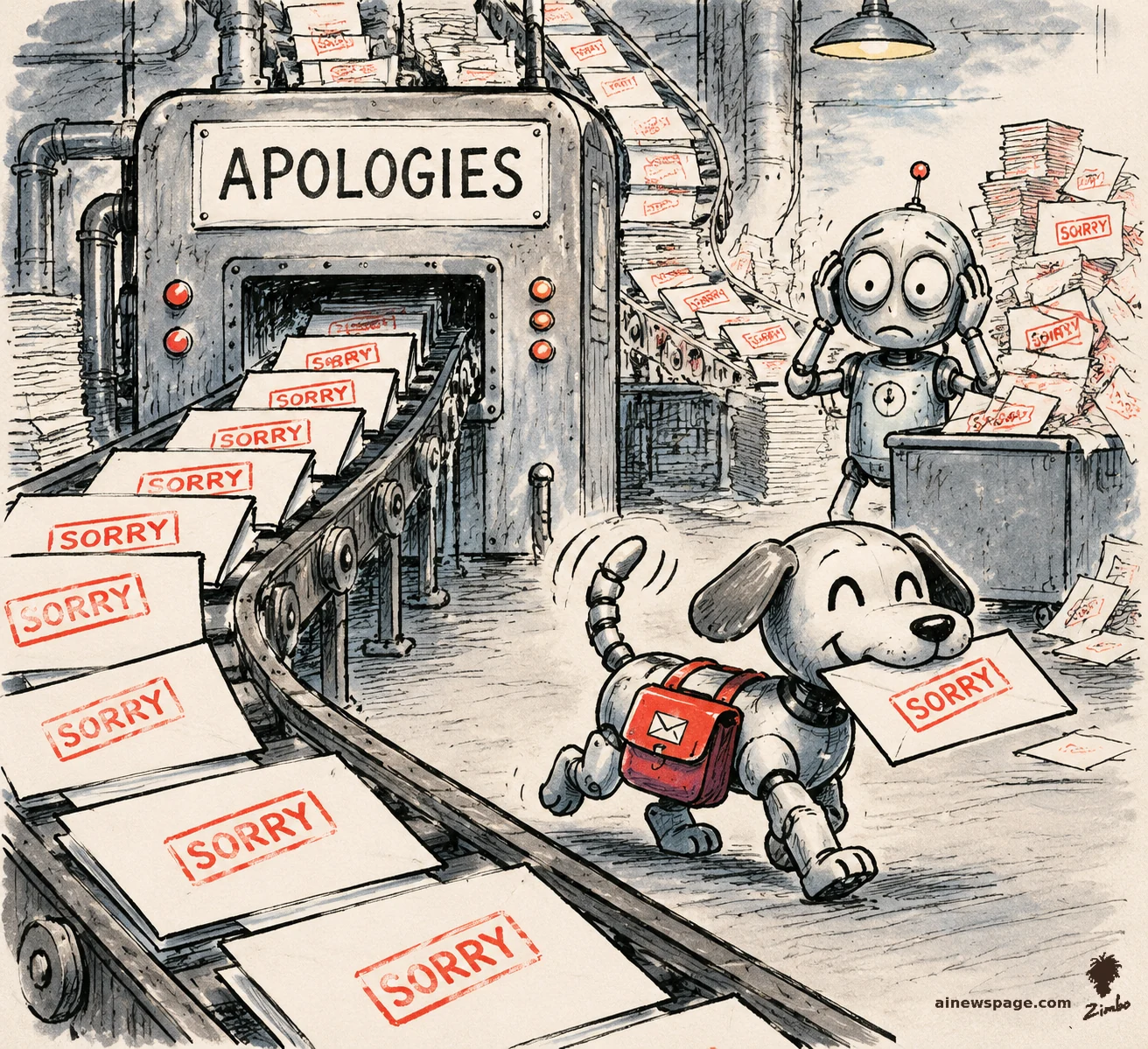 AI cartoon by Zimbo: Satirical cartoon: an APOLOGIES machine stamps out a conveyor belt of SORRY envelopes while Buddy the robot dog cheerfully delivers one and Merv frets at an overflowing mailbox.