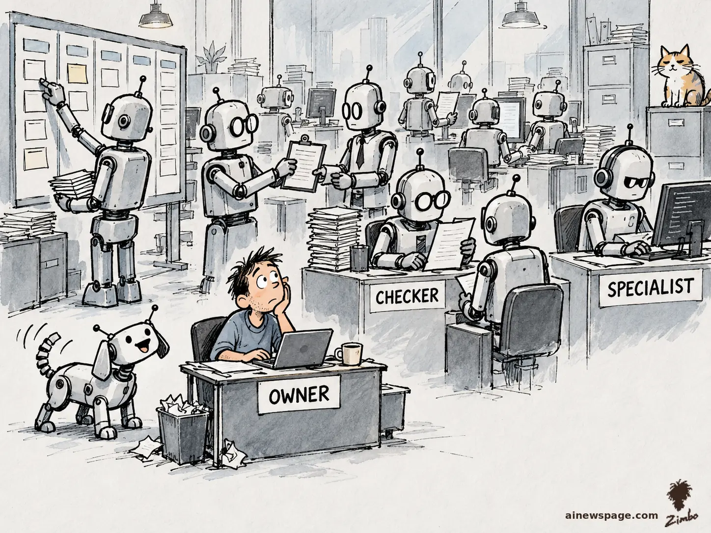 AI cartoon by Zimbo: Satirical cartoon: an overwhelmed human developer at an OWNER desk with a laptop while robots work at desks labeled CHECKER and SPECIALIST; a cheerful robot dog wags beside him and a cat sits atop the filing cabinet.