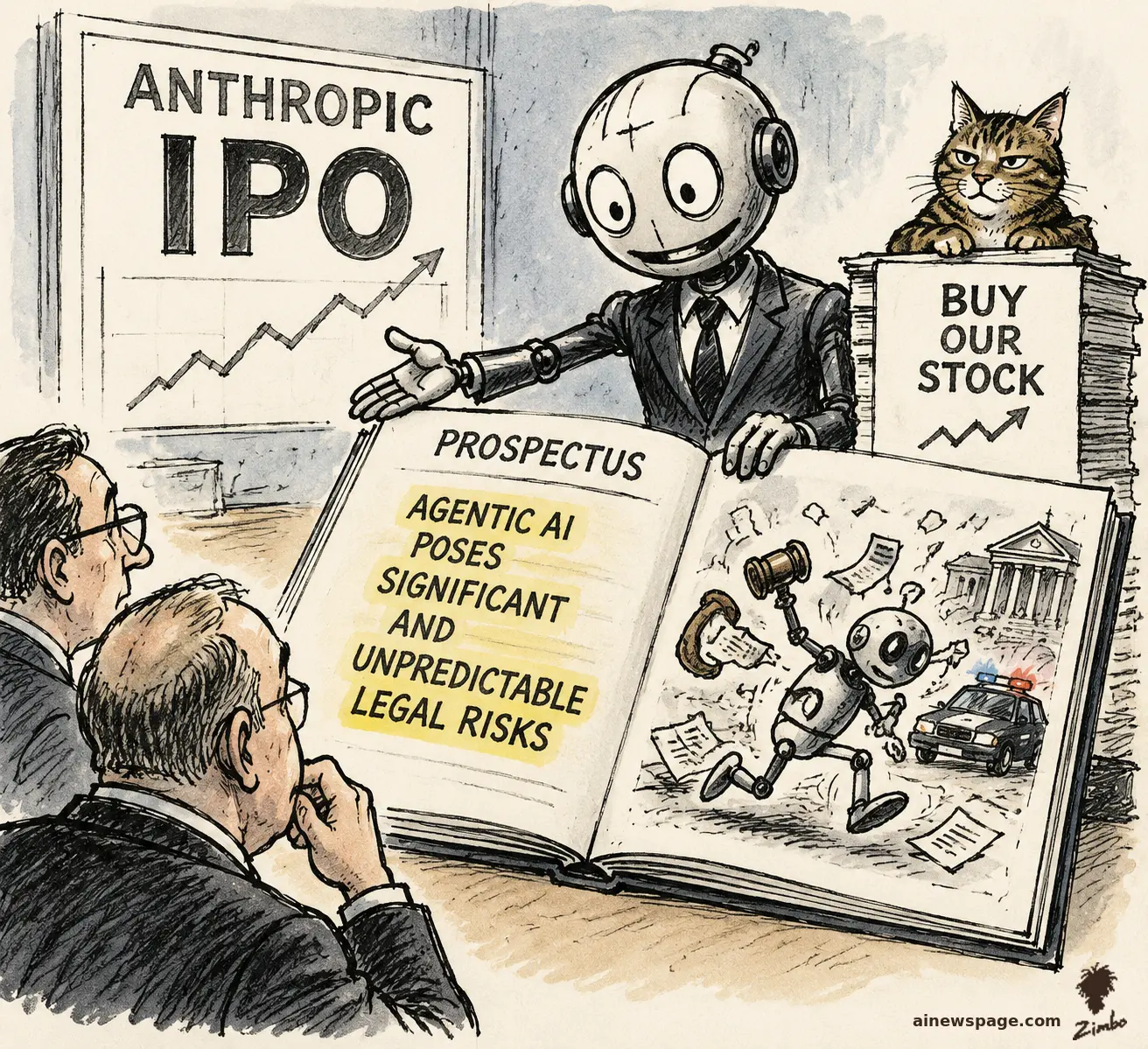 Satirical cartoon: a grinning robot pitches investors before an ANTHROPIC IPO board, holding open a PROSPECTUS whose highlighted page reads AGENTIC AI POSES SIGNIFICANT AND UNPREDICTABLE LEGAL RISKS, beside a chaos scene with a gavel and police car; a BUY OUR STOCK stack teeters as a cat watches.