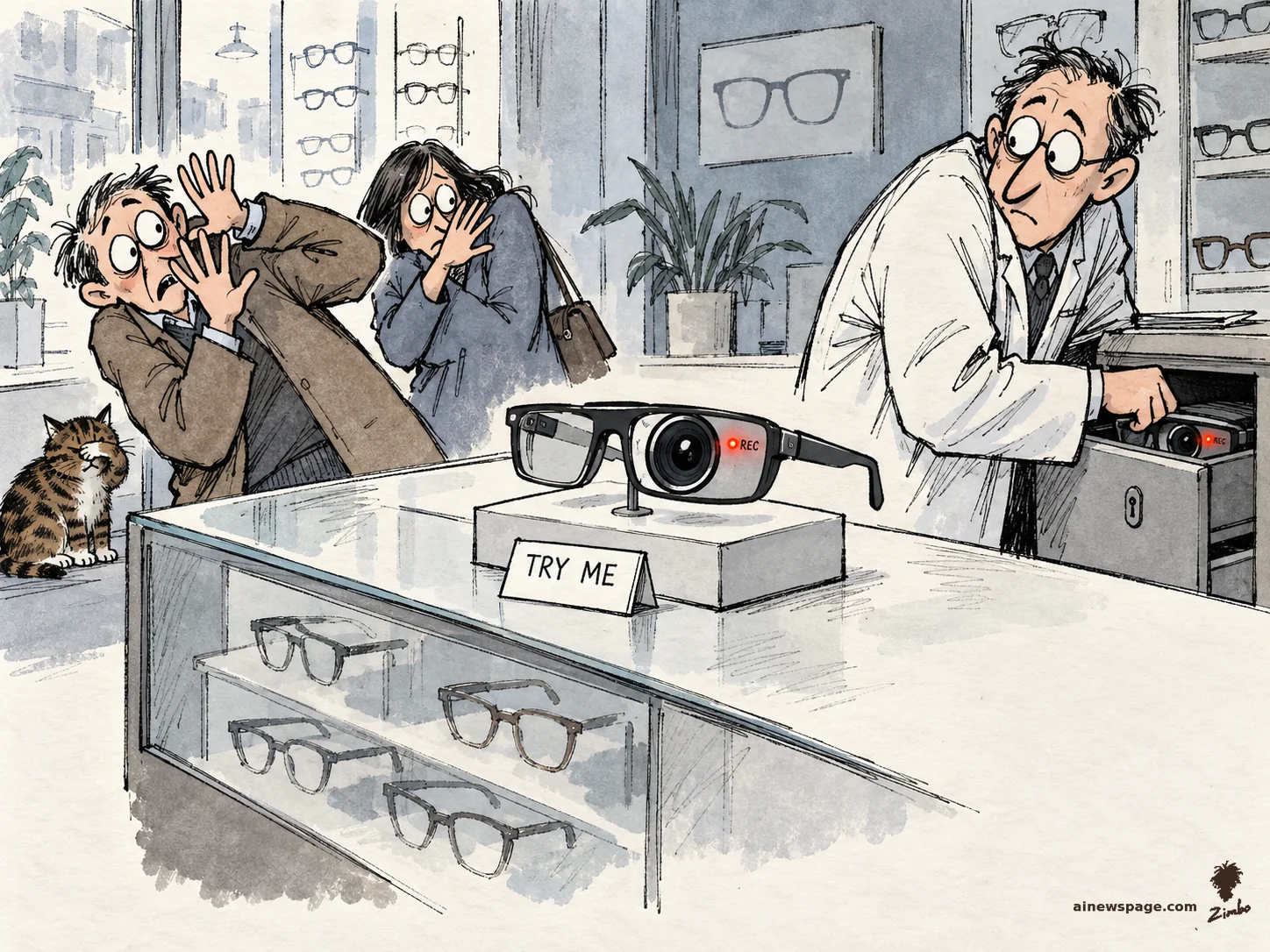 Satirical cartoon: at an optician's counter, a 'TRY ME' stand displays smart glasses with a comically oversized camera lens and blinking red REC light; two customers recoil, the optician guiltily hides more pairs in a drawer, and a small tabby cat covers its eyes.