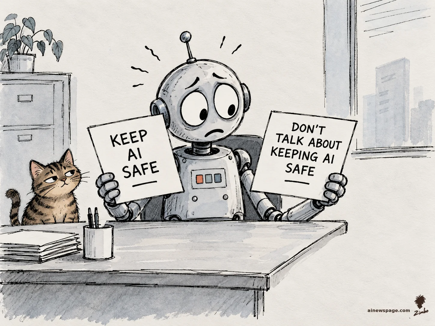 AI cartoon by Zimbo: Satirical cartoon: Merv the anxious robot sits at a desk holding two contradictory signs, 'KEEP AI SAFE' and 'DON'T TALK ABOUT KEEPING AI SAFE', while Issue the tabby cat looks on unimpressed.