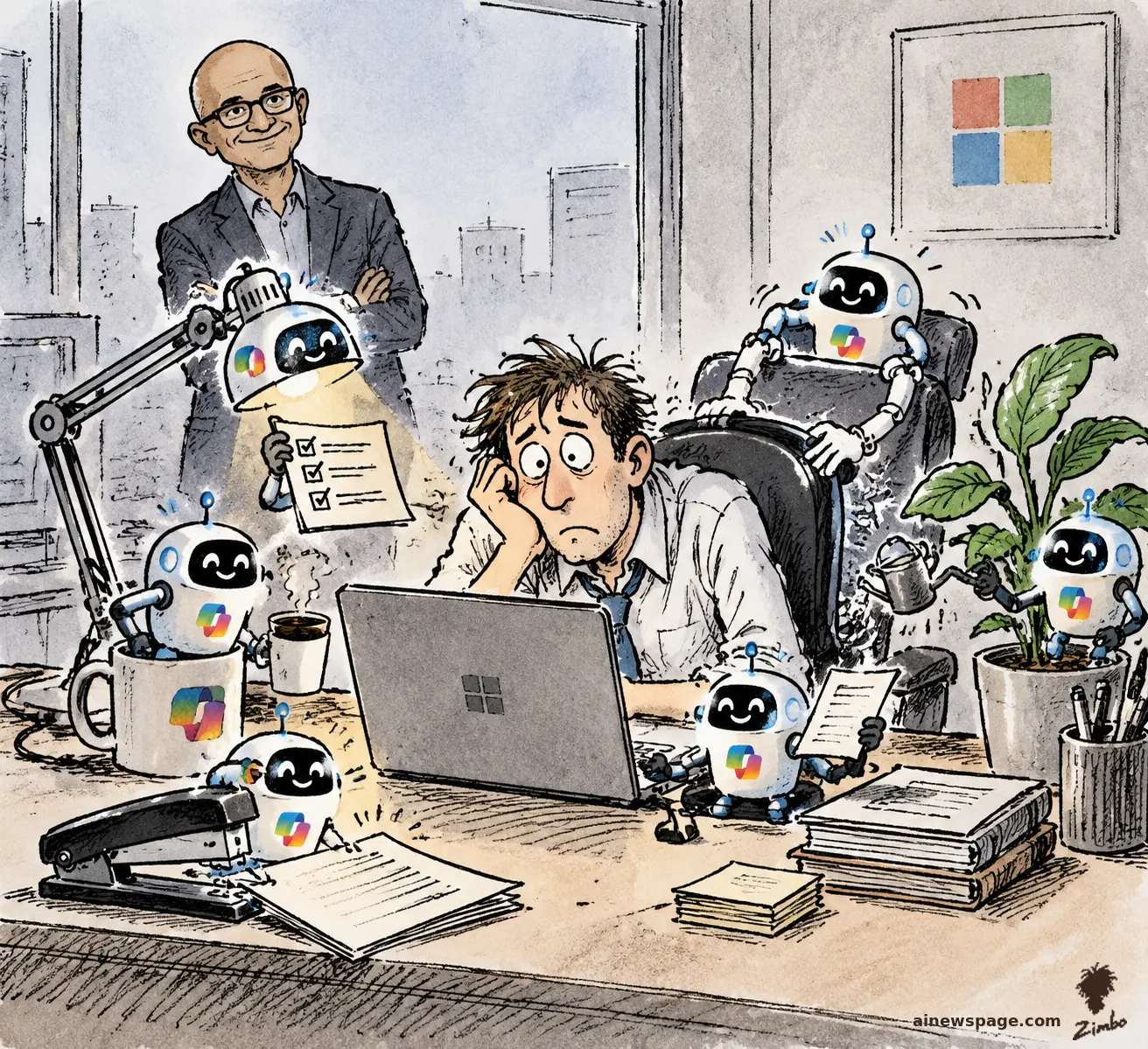 AI cartoon by Zimbo: Satirical cartoon: one ordinary desk where the coffee mug, lamp, chair, keyboard, and plant have each sprouted their own tiny Copilot robot assistant; an exhausted office worker sits overwhelmed in the middle while a calm stylized Nadella observes from the background.