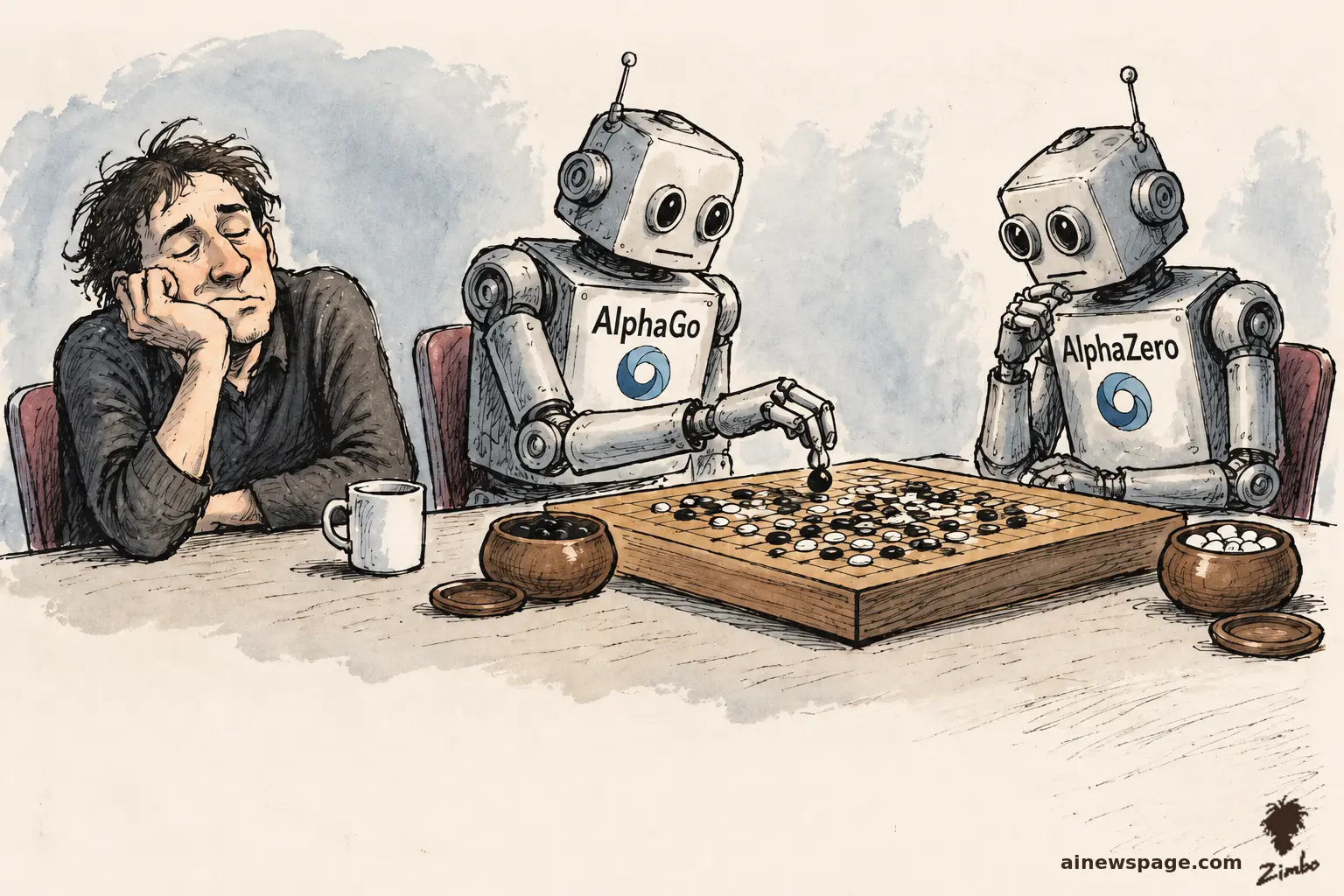 AI cartoon by Zimbo: Satirical cartoon: a dozing man rests his head on his hand beside a Go board while two retro robots labeled AlphaGo and AlphaZero play Go against each other; stone bowls and a coffee mug sit on the table.