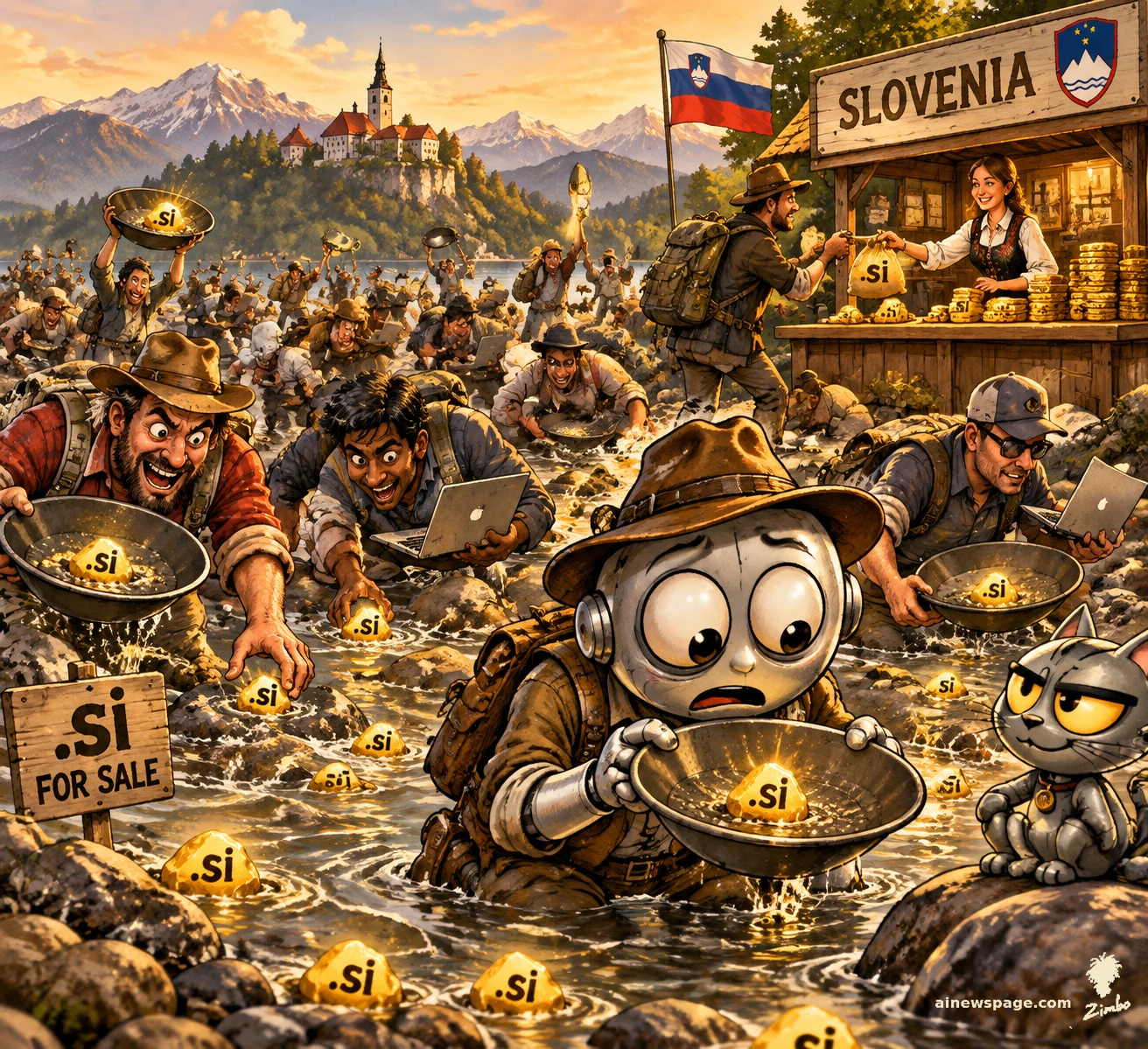Satirical cartoon: gold-rush prospectors pan a river for glowing '.si' domain nuggets; a small Slovenian claim office with flag and coat of arms counts the cash; a bewildered robot holds a pan with one '.si' nugget while a knowing cat watches.