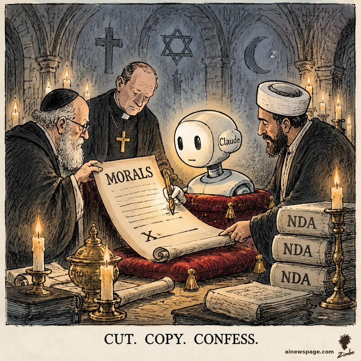 AI cartoon by Zimbo: Satirical cartoon: in a candlelit chamber, a robed priest, rabbi, and imam hand a giant MORALS contract to a glowing robot head labeled Claude that signs with a tiny pen, beside a stack of books labeled NDA. Caption: CUT. COPY. CONFESS.