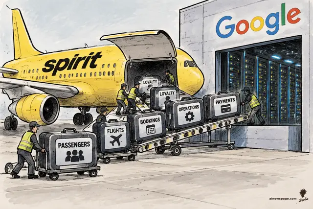 Satirical cartoon: a parked yellow Spirit Airlines jet with its cargo hold open has baggage handlers wheeling data-labeled suitcases — PASSENGERS, FLIGHTS, BOOKINGS, OPERATIONS, PAYMENTS, LOYALTY — up a conveyor ramp straight into a glowing Google data center.