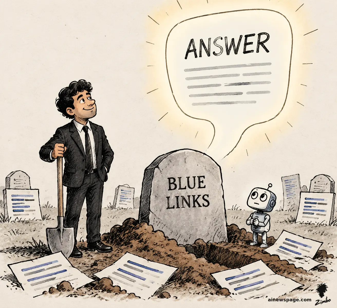AI cartoon by Zimbo: A cheerful man holds a funeral for a tombstone reading BLUE LINKS while a giant glowing ANSWER speech balloon rises like a ghost; a small robot mourner attends.