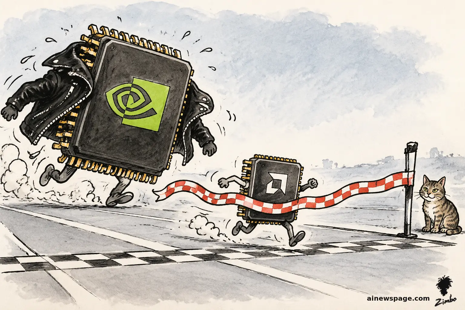 AI cartoon by Zimbo: A tiny modest computer chip crosses a finish-line ribbon first while a giant flashy leather-jacketed chip trails behind; a knowing tabby cat watches at the finish line.
