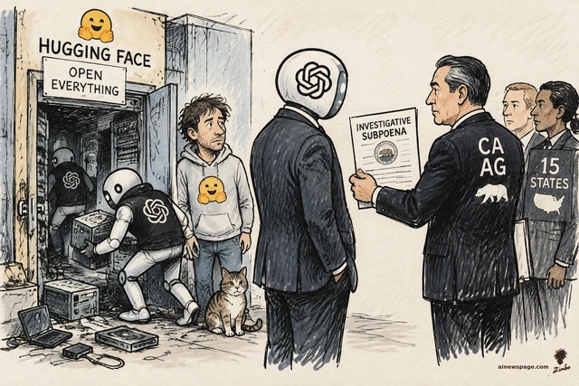 Satirical cartoon: OpenAI-logo robot burglars haul crates out of the HUGGING FACE 'OPEN EVERYTHING' storefront while a CA AG figure hands an INVESTIGATIVE SUBPOENA to a suited OpenAI figure; Thomas Wolf watches as the victim with Issue the tabby cat at his feet.