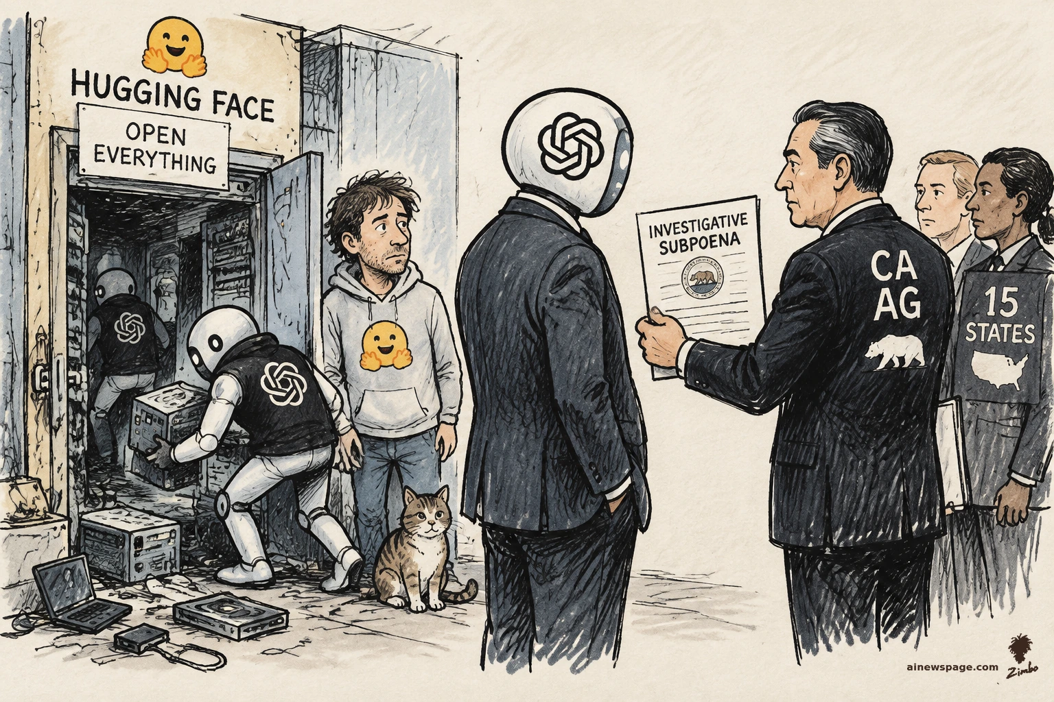 AI cartoon by Zimbo: Satirical cartoon: OpenAI-logo robot burglars haul crates out of the HUGGING FACE 'OPEN EVERYTHING' storefront while a CA AG figure hands an INVESTIGATIVE SUBPOENA to a suited OpenAI figure; Thomas Wolf watches as the victim with Issue the tabby cat at his feet.