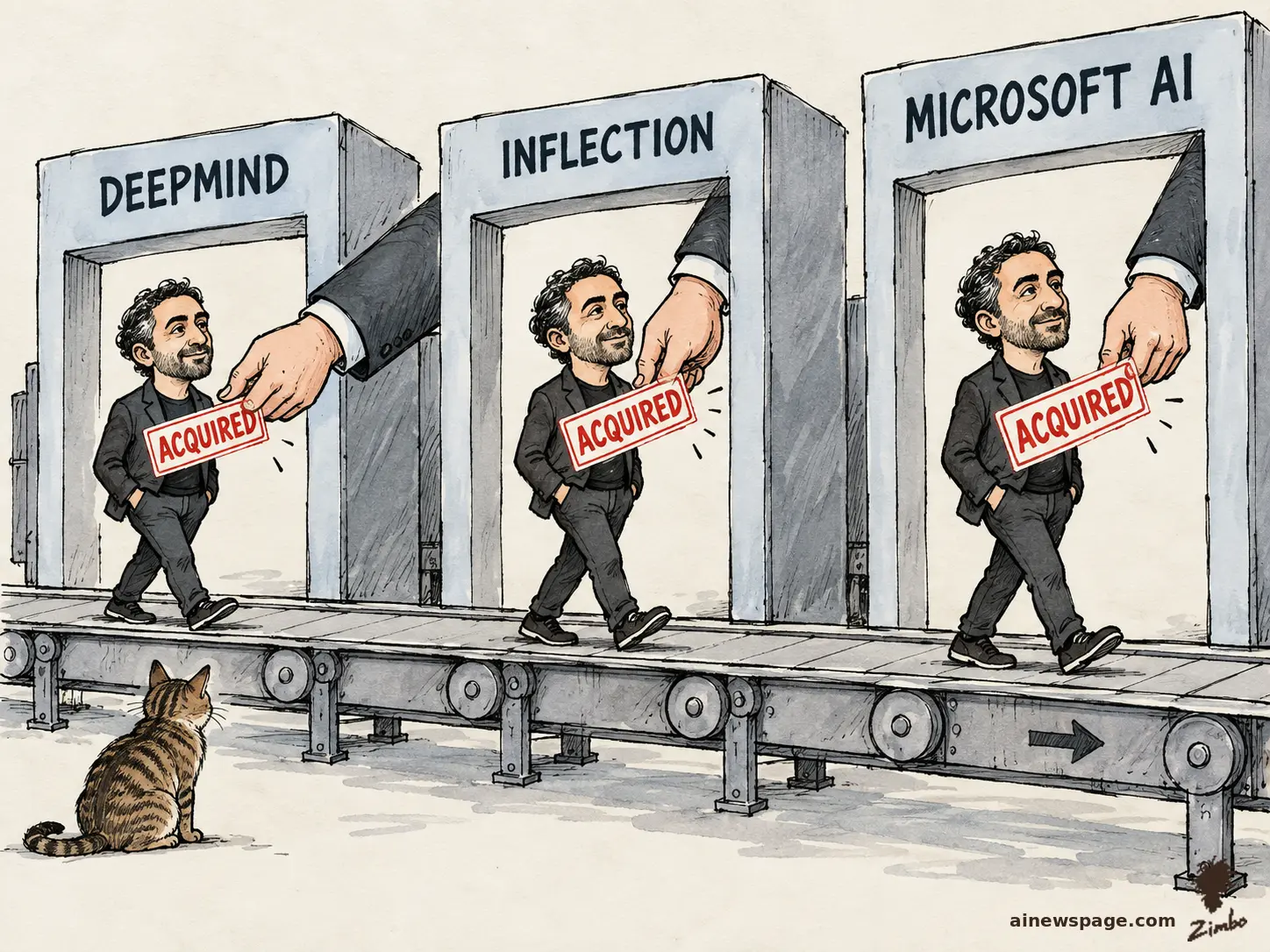 AI cartoon by Zimbo: Editorial cartoon: Mustafa Suleyman calmly rides a conveyor belt through oversized DEEPMIND, INFLECTION, and MICROSOFT AI doorways while giant corporate hands slap red ACQUIRED stickers on him; a brown tabby cat watches knowingly.