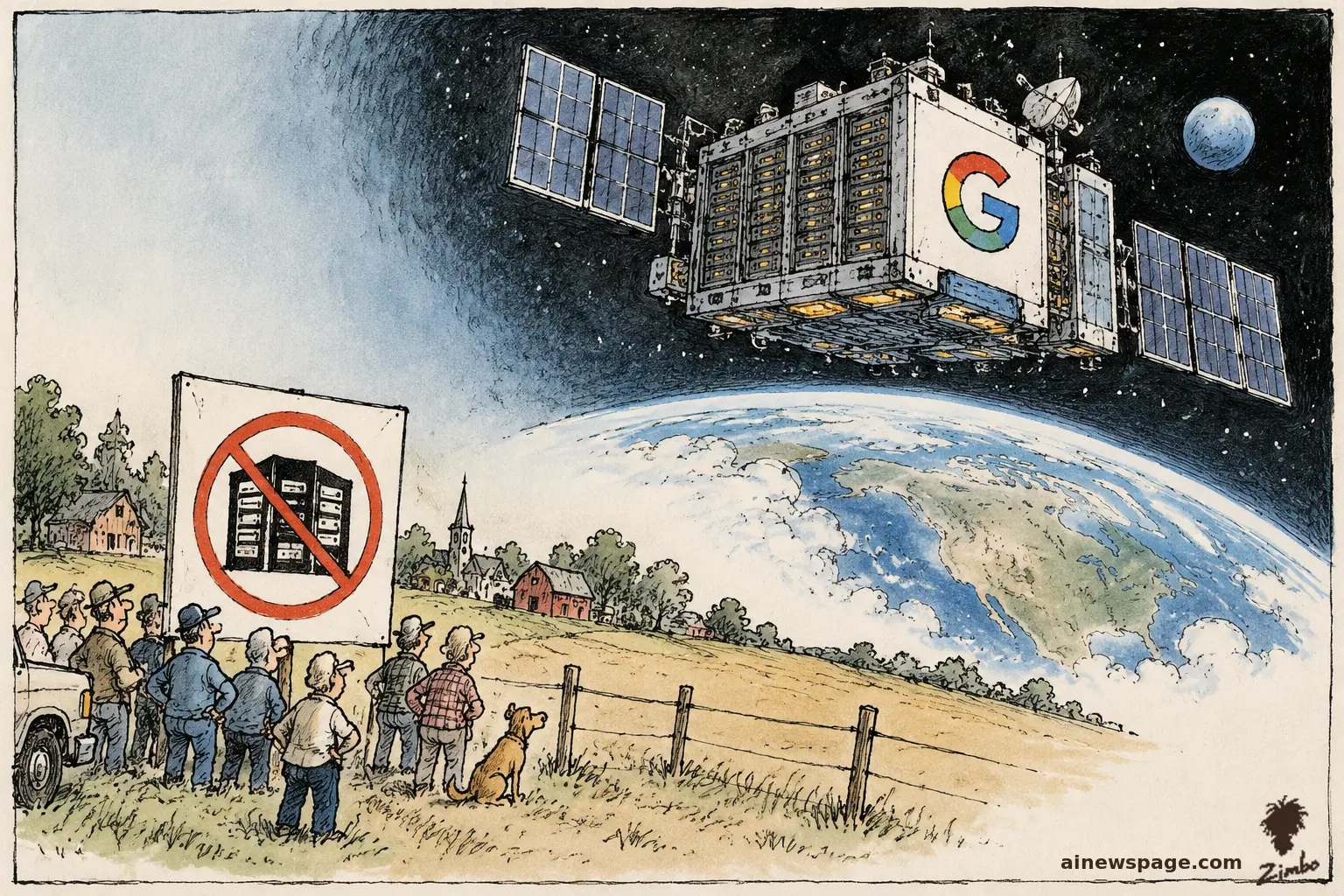 AI cartoon by Zimbo: Satirical cartoon: rural townspeople gather around a NO-DATA-CENTER protest sign on a farm while a Google-G branded orbital server satellite with solar panels floats above Earth.
