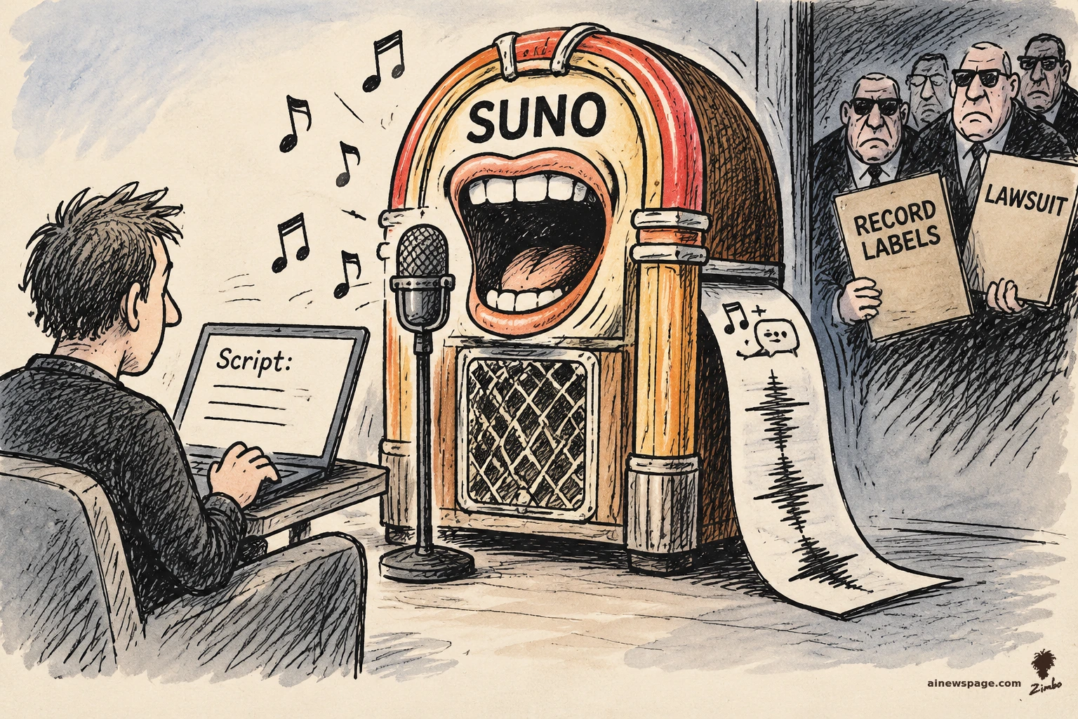 AI cartoon by Zimbo: Satirical cartoon: a vintage SUNO jukebox with a gaping singing mouth takes a typed 'Script:' from a laptop; musical notes and a paper trail with a speech waveform curl out while record-label lawyers loom with RECORD LABELS and LAWSUIT folders.