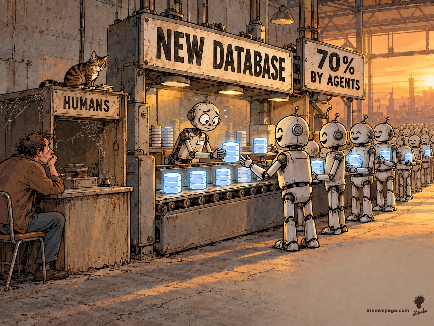 AI cartoon by Zimbo: Satirical Zimbo cartoon: at a 'NEW DATABASE' counter, worried Merv the robot clerk hands glowing database cylinders to an endless line of smiling robots under a '70% BY AGENTS' sign, while a lone bored human slumps at a cobweb-covered 'HUMANS' counter as Issue the tabby cat watches from on top.