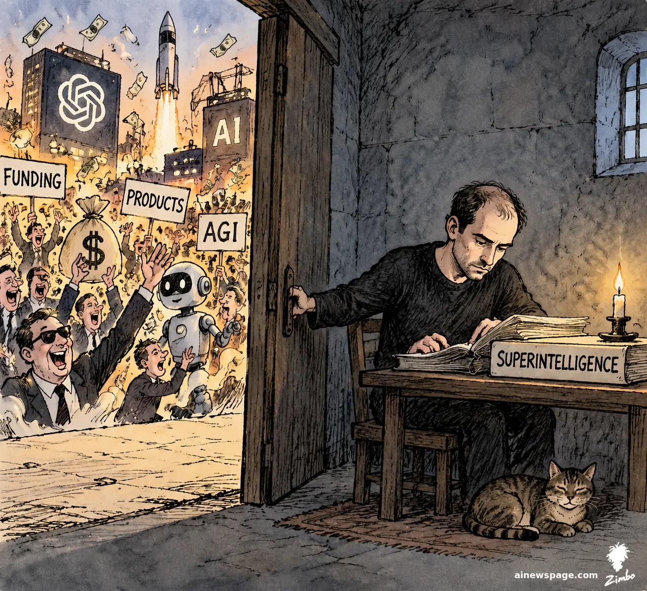 AI cartoon by Zimbo: Satirical cartoon: Ilya Sutskever as a monk in a candlelit cell, holding the door shut on the chaotic AI industry outside — rocket launch, raining money, FUNDING/PRODUCTS/AGI signs, cheering crowd; a desk labeled SUPERINTELLIGENCE and Issue the tabby asleep beneath it.