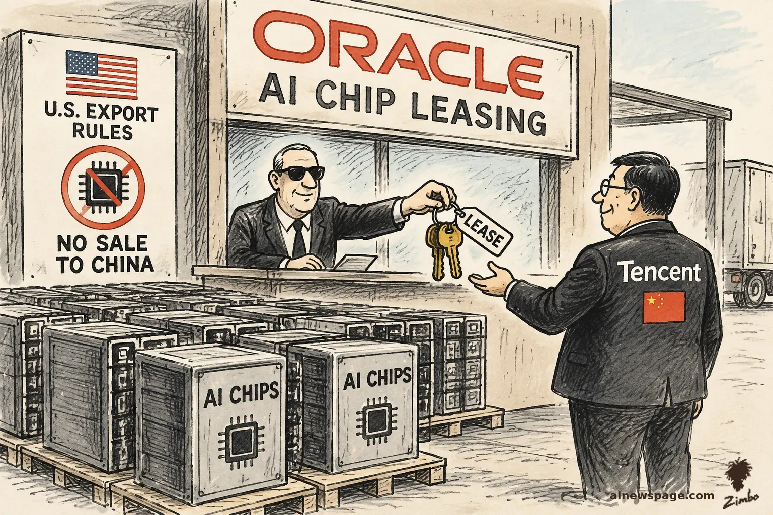 AI cartoon by Zimbo: Satirical cartoon: a smiling Oracle leasing clerk hands gold LEASE keys to a Tencent rep beneath an 'ORACLE AI CHIP LEASING' sign, next to a 'U.S. EXPORT RULES — NO SALE TO CHINA' notice, pallets of AI CHIPS crates stacked behind.