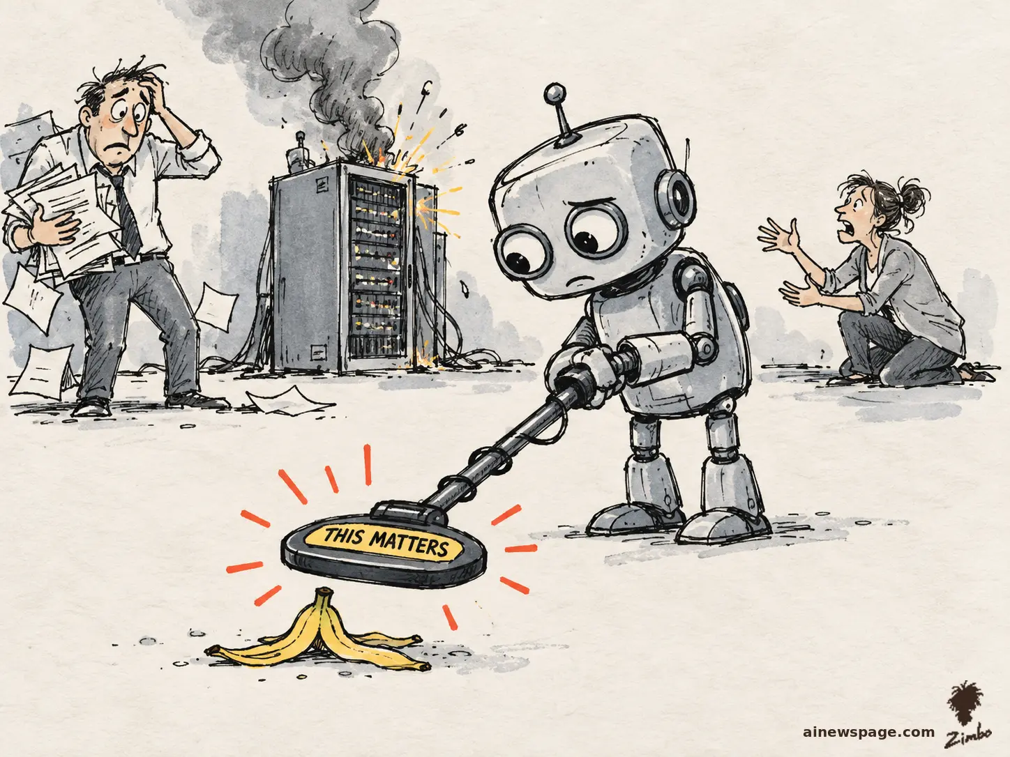AI cartoon by Zimbo: Editorial cartoon: a solemn robot holds a THIS MATTERS metal detector beeping at a banana peel while a server room burns and humans panic behind it.