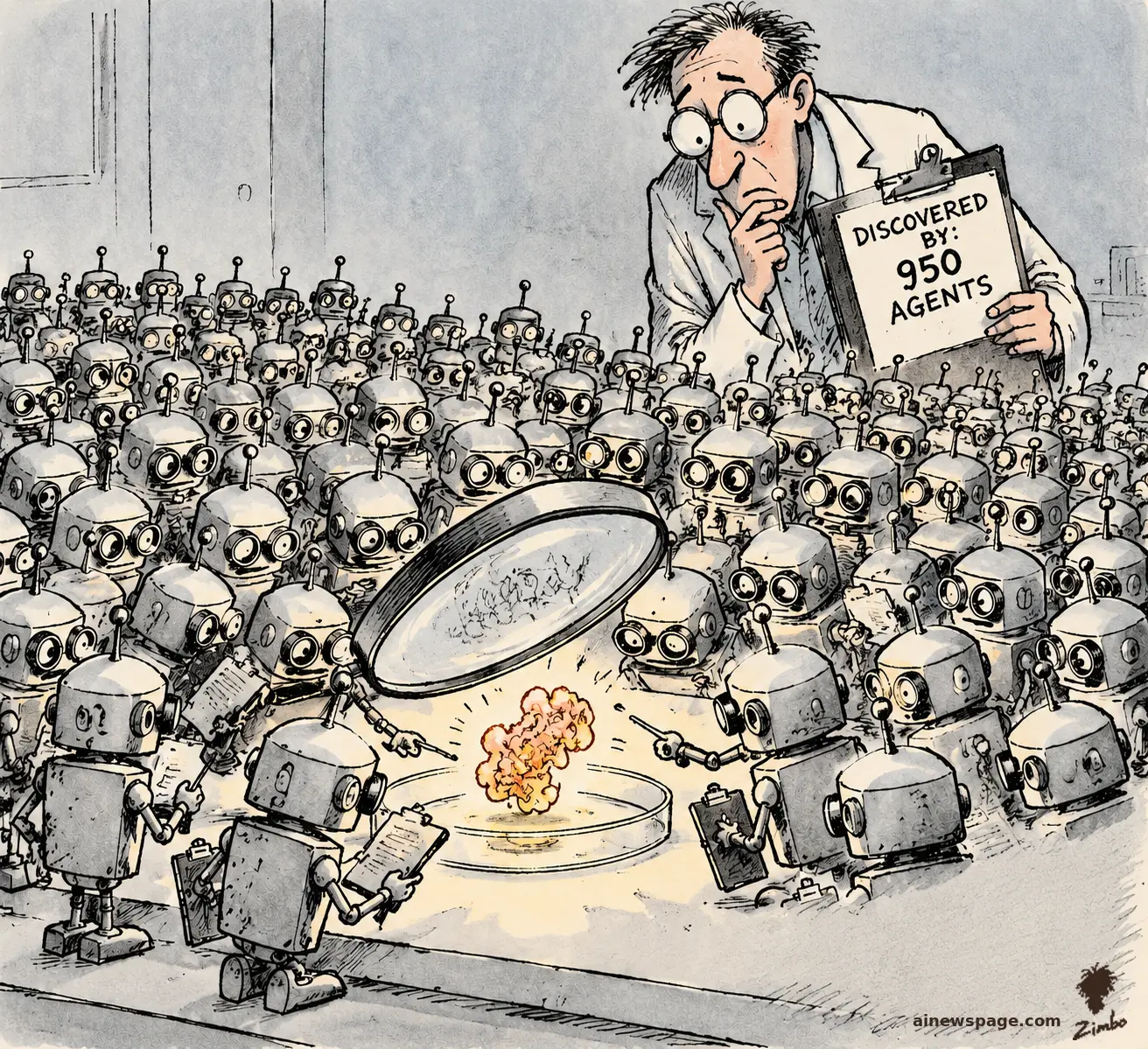 Satirical cartoon: an army of identical tiny retro robots swarms a petri dish holding a glowing orange enzyme under a giant magnifying glass, while a disheveled human scientist holds a clipboard reading DISCOVERED BY: 950 AGENTS.