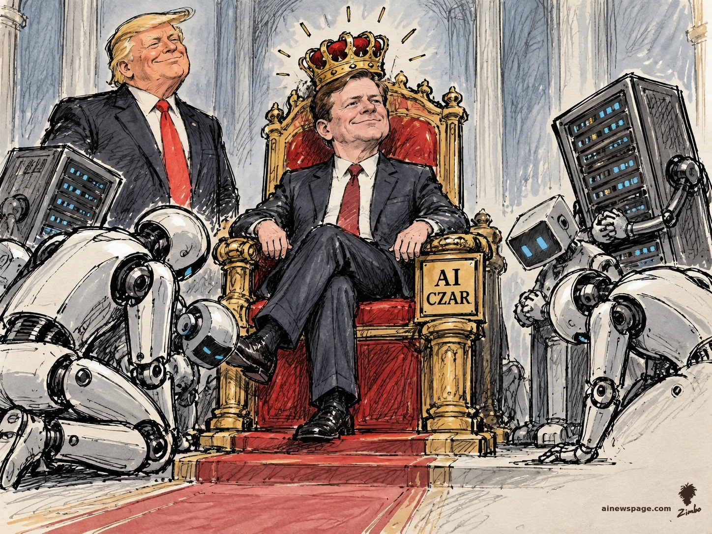 AI cartoon by Zimbo: Satirical cartoon: Trump stands behind a throne where a suited man (Jay Clayton) wears a crown, an 'AI CZAR' plaque on the throne arm, while humanoid robots and server racks bow before him as subjects.