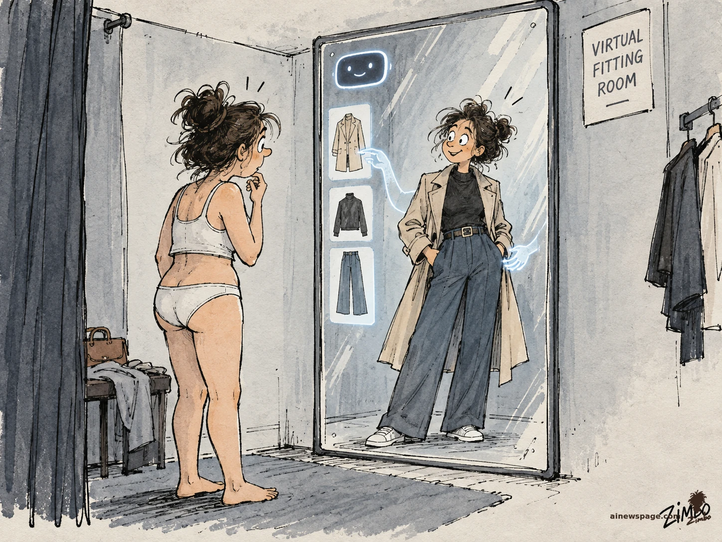 AI cartoon by Zimbo: Satirical cartoon: a woman in underwear stares at a virtual fitting-room mirror where a smiling chatbot face has already dressed her reflection in a trench coat and jeans.