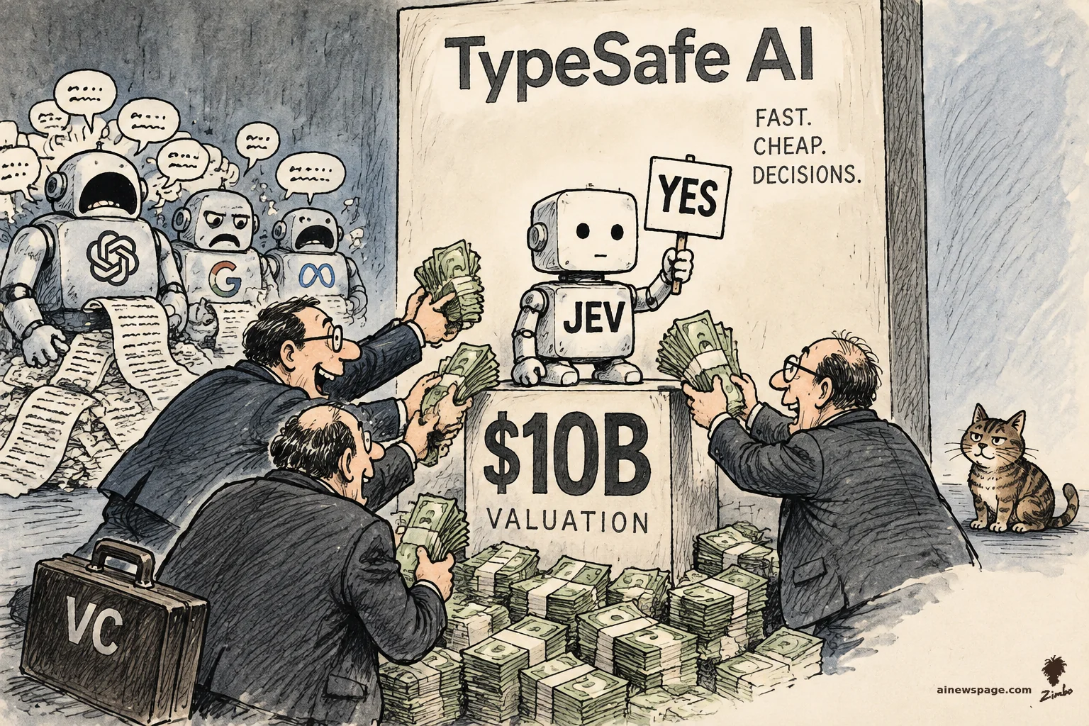 AI cartoon by Zimbo: Satirical Zimbo cartoon: a tiny deadpan robot labeled JEV holds a YES sign atop a pedestal reading $10B VALUATION while suited VC investors shove stacks of cash at it; sulking chatbots pile up behind under a TypeSafe AI banner reading FAST. CHEAP. DECISIONS.; a knowing tabby cat watches.